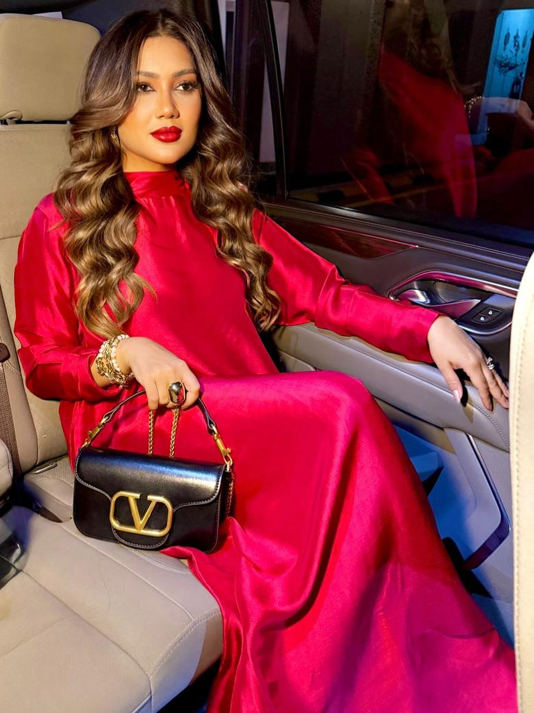 Vibrant Red Satin Maxi Kurta Dress – Women's Evening Party Gown with High Neck