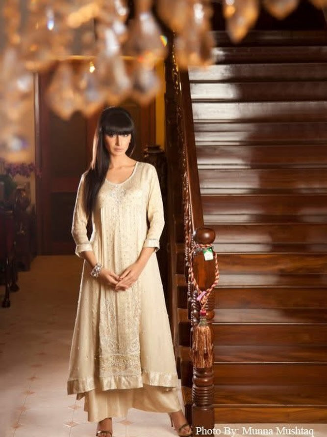 Cream Embroidered Anarkali Lawn Suit – Women's Festive Kurta Sharara Set