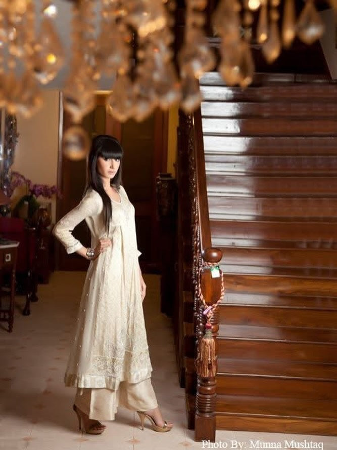 Cream Embroidered Anarkali Lawn Suit – Women's Festive Kurta Sharara Set