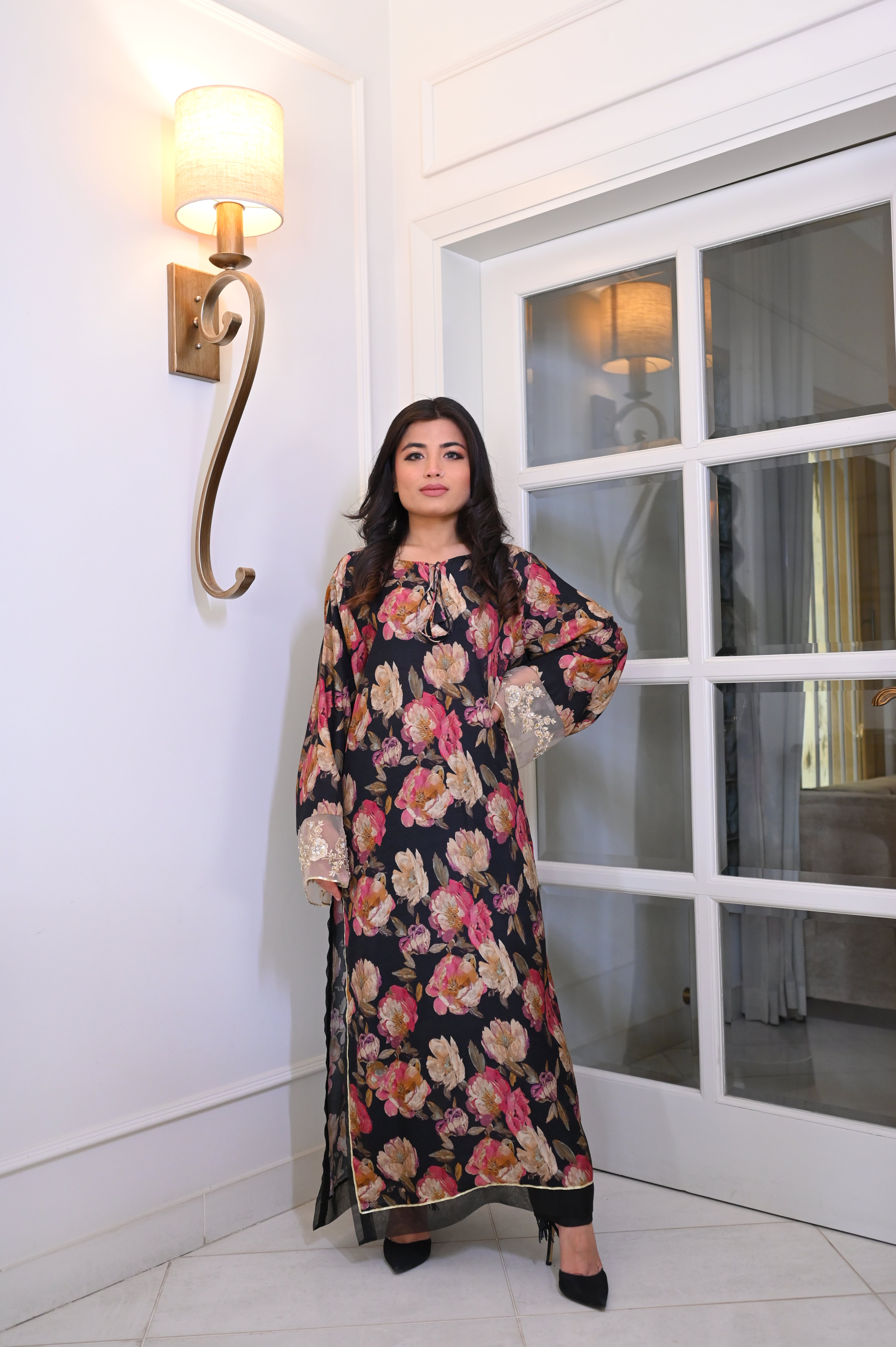 Elegant Black Floral Printed Maxi Kaftan Dress | Long Sleeve Peony Print Abaya with Lace & Fringe Details | Pakistani Fusion Evening Gown
