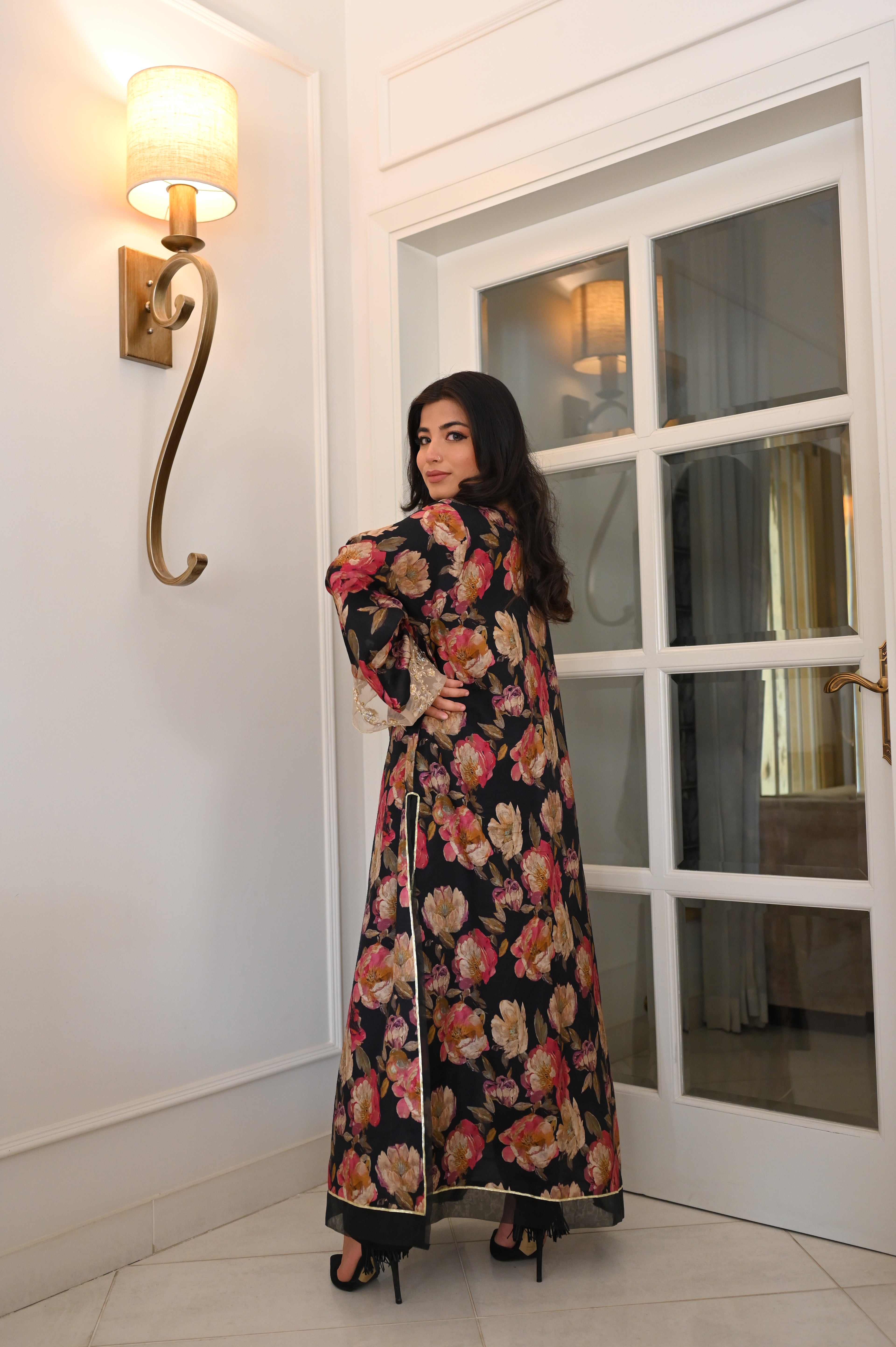 Elegant Black Floral Printed Maxi Kaftan Dress | Long Sleeve Peony Print Abaya with Lace & Fringe Details | Pakistani Fusion Evening Gown