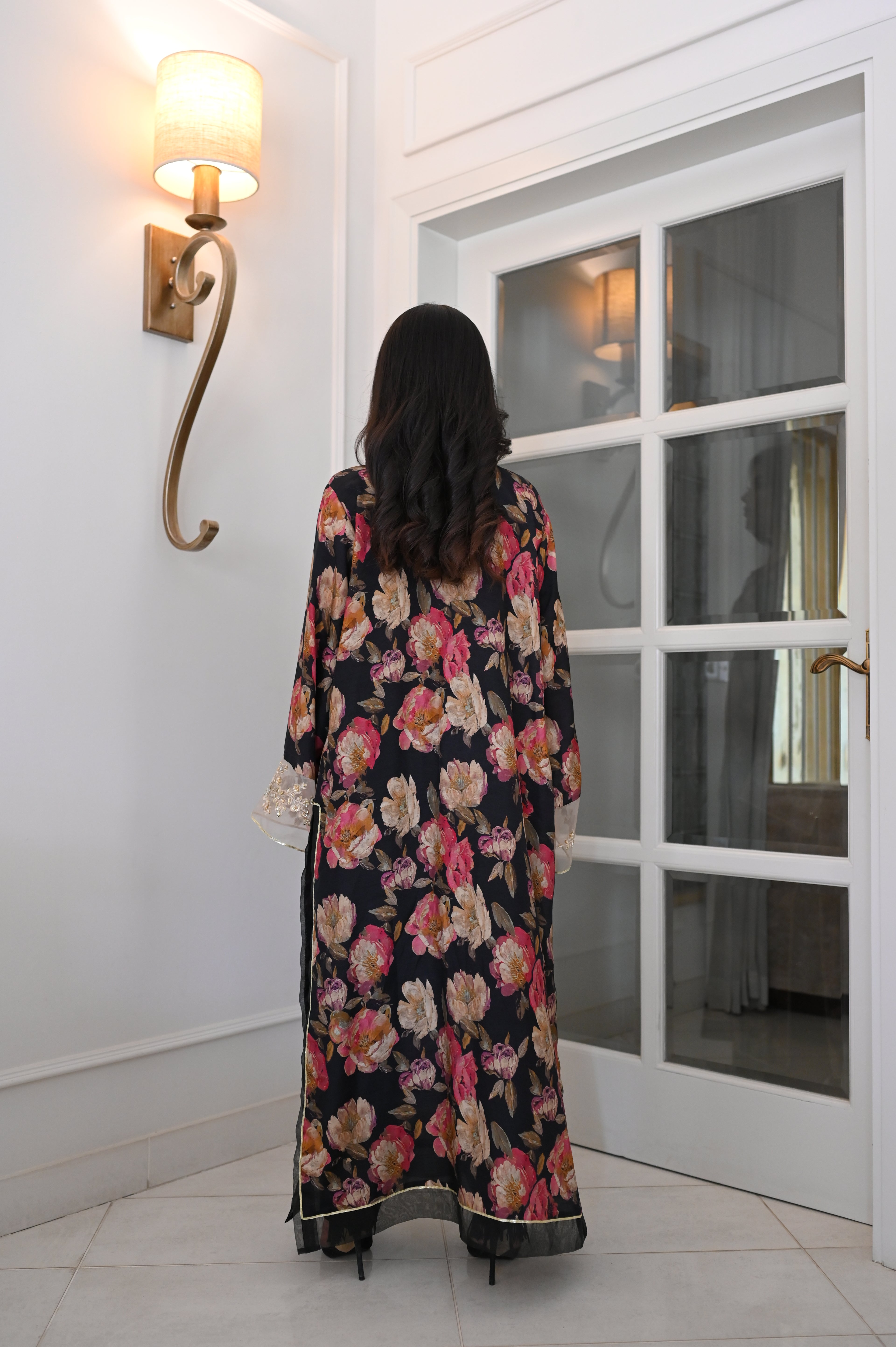 Elegant Black Floral Printed Maxi Kaftan Dress | Long Sleeve Peony Print Abaya with Lace & Fringe Details | Pakistani Fusion Evening Gown