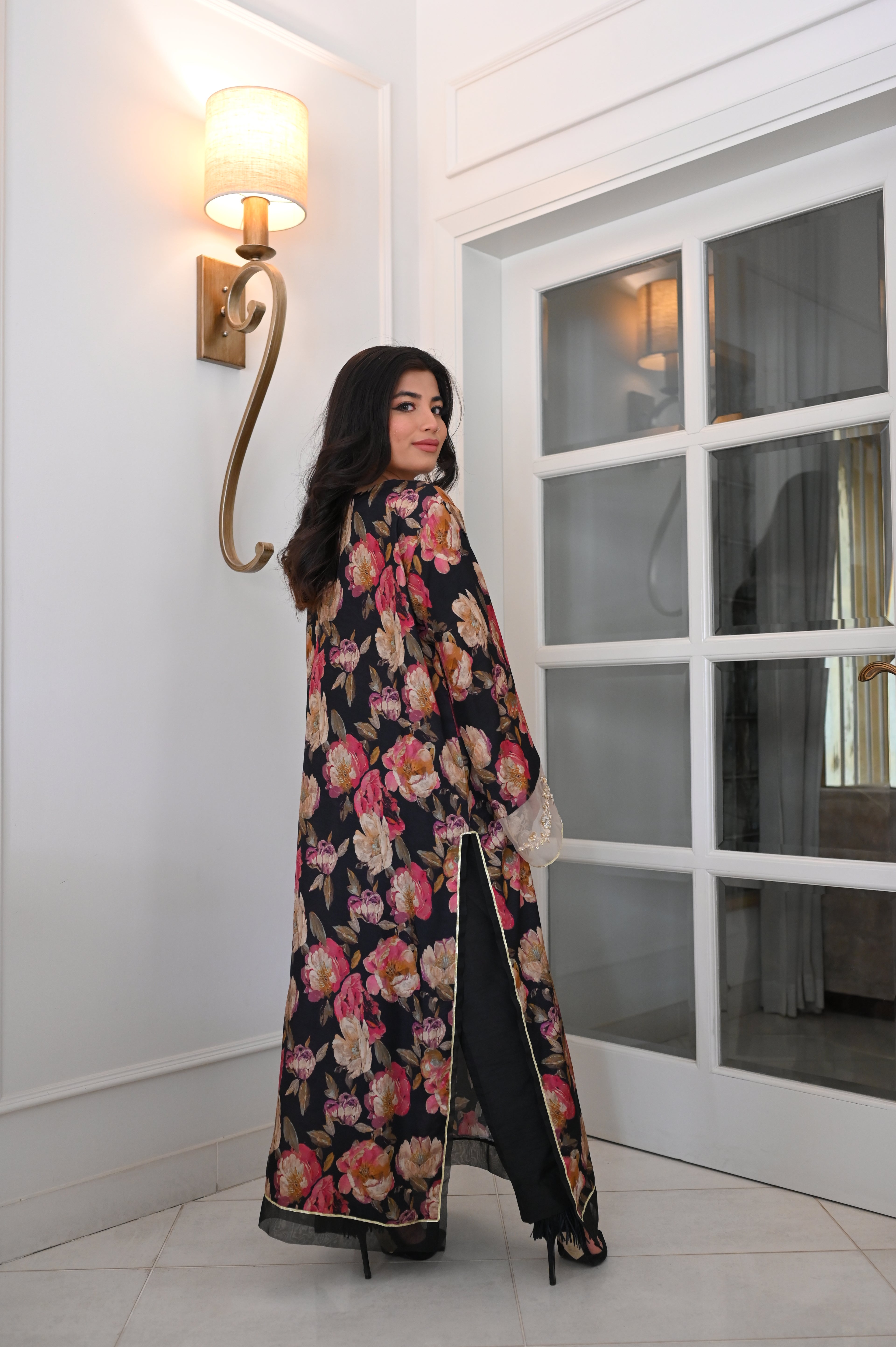 Elegant Black Floral Printed Maxi Kaftan Dress | Long Sleeve Peony Print Abaya with Lace & Fringe Details | Pakistani Fusion Evening Gown
