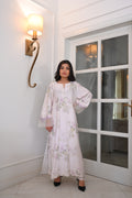 Pastel Floral Ivory Maxi Kaftan Abaya | Embroidered Bell Sleeves, Scalloped Hem, Sheer Accents | Pakistani Fusion Modest Dress 2026