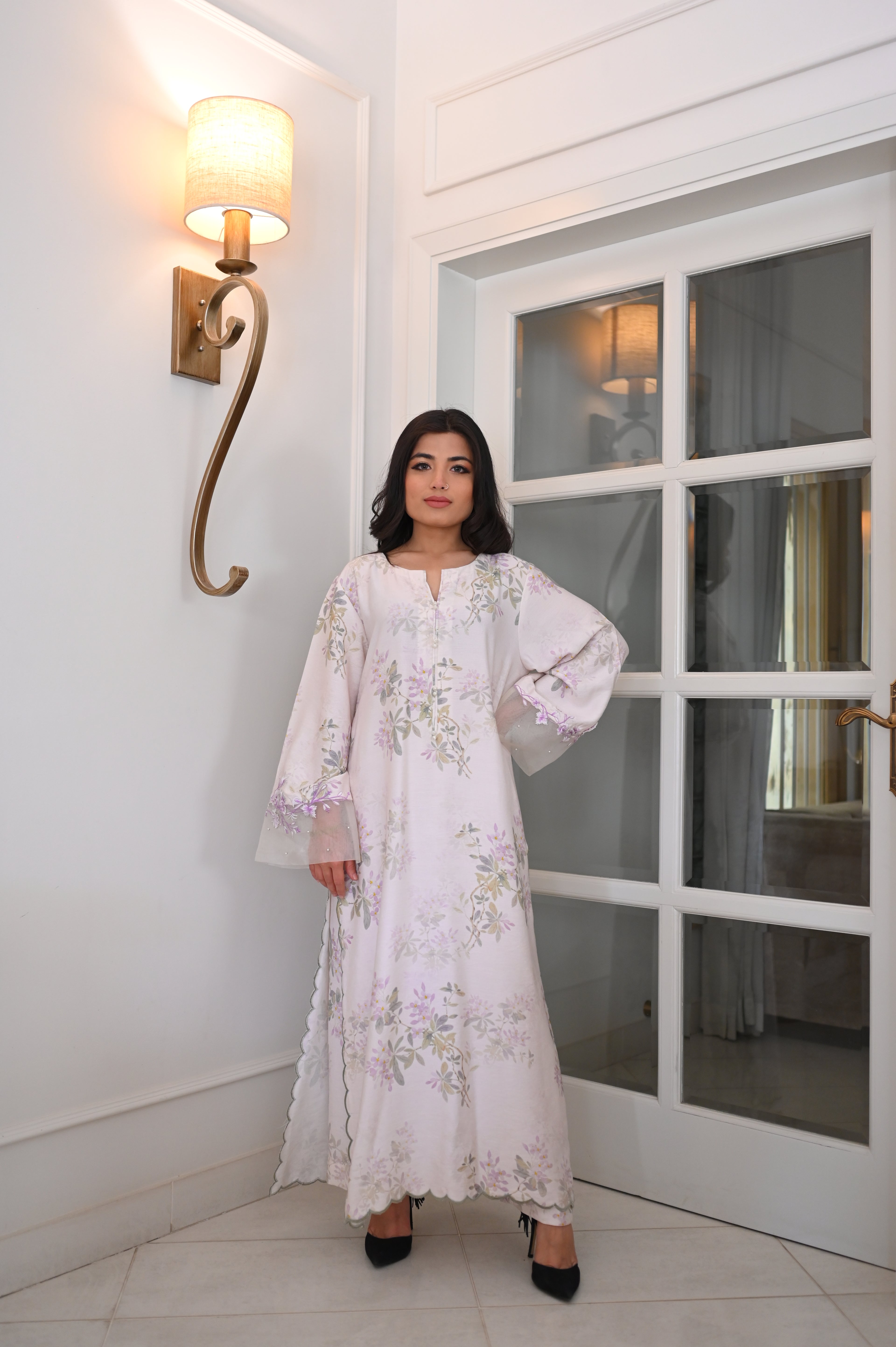 Pastel Floral Ivory Maxi Kaftan Abaya | Embroidered Bell Sleeves, Scalloped Hem, Sheer Accents | Pakistani Fusion Modest Dress 2026