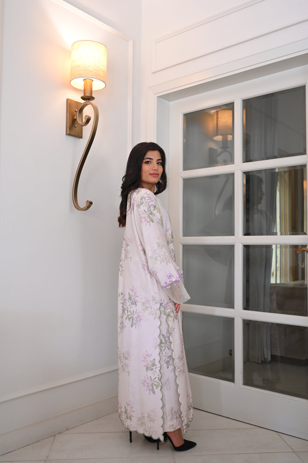 Pastel Floral Ivory Maxi Kaftan Abaya | Embroidered Bell Sleeves, Scalloped Hem, Sheer Accents | Pakistani Fusion Modest Dress 2026