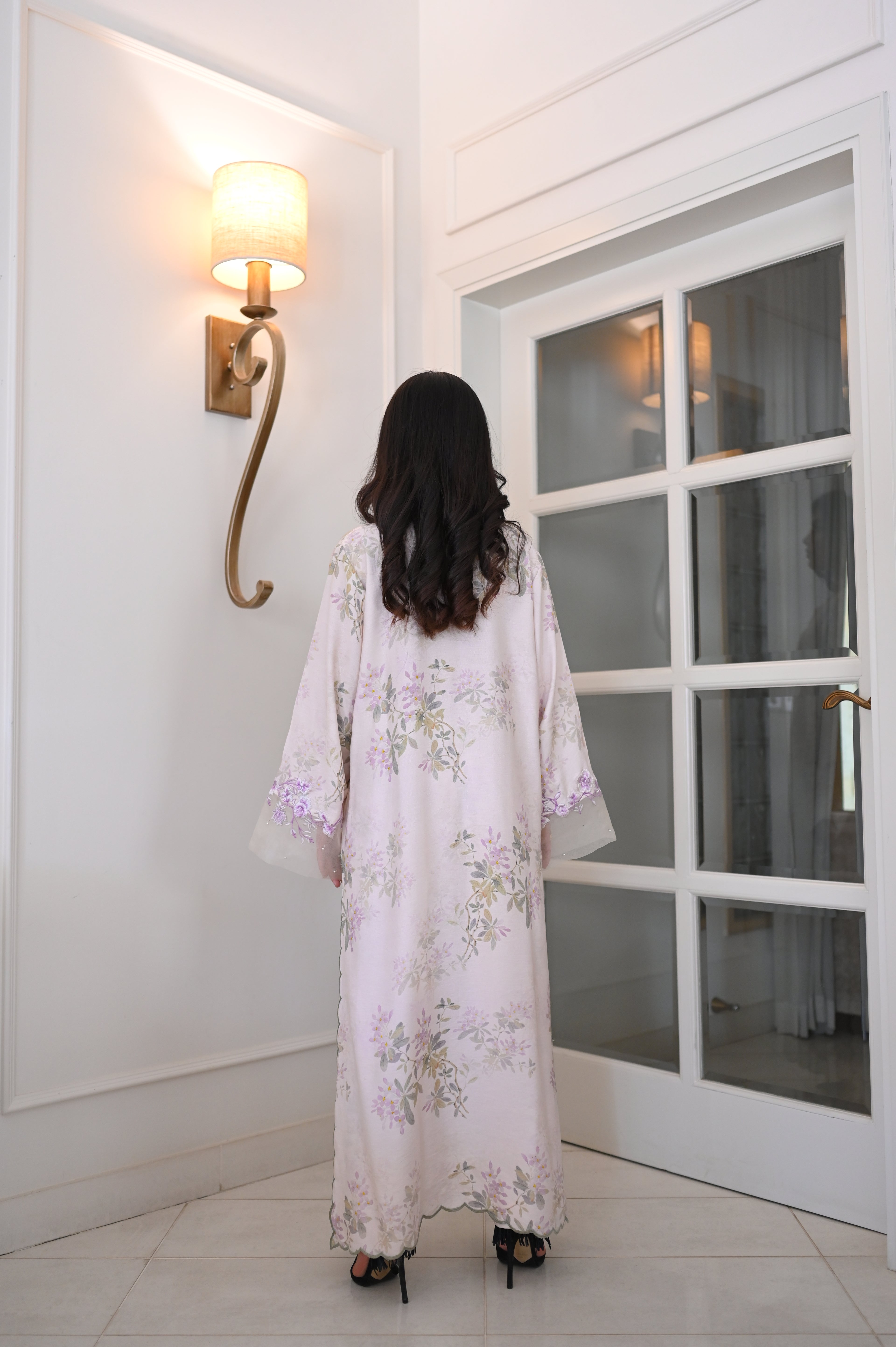 Pastel Floral Ivory Maxi Kaftan Abaya | Embroidered Bell Sleeves, Scalloped Hem, Sheer Accents | Pakistani Fusion Modest Dress 2026