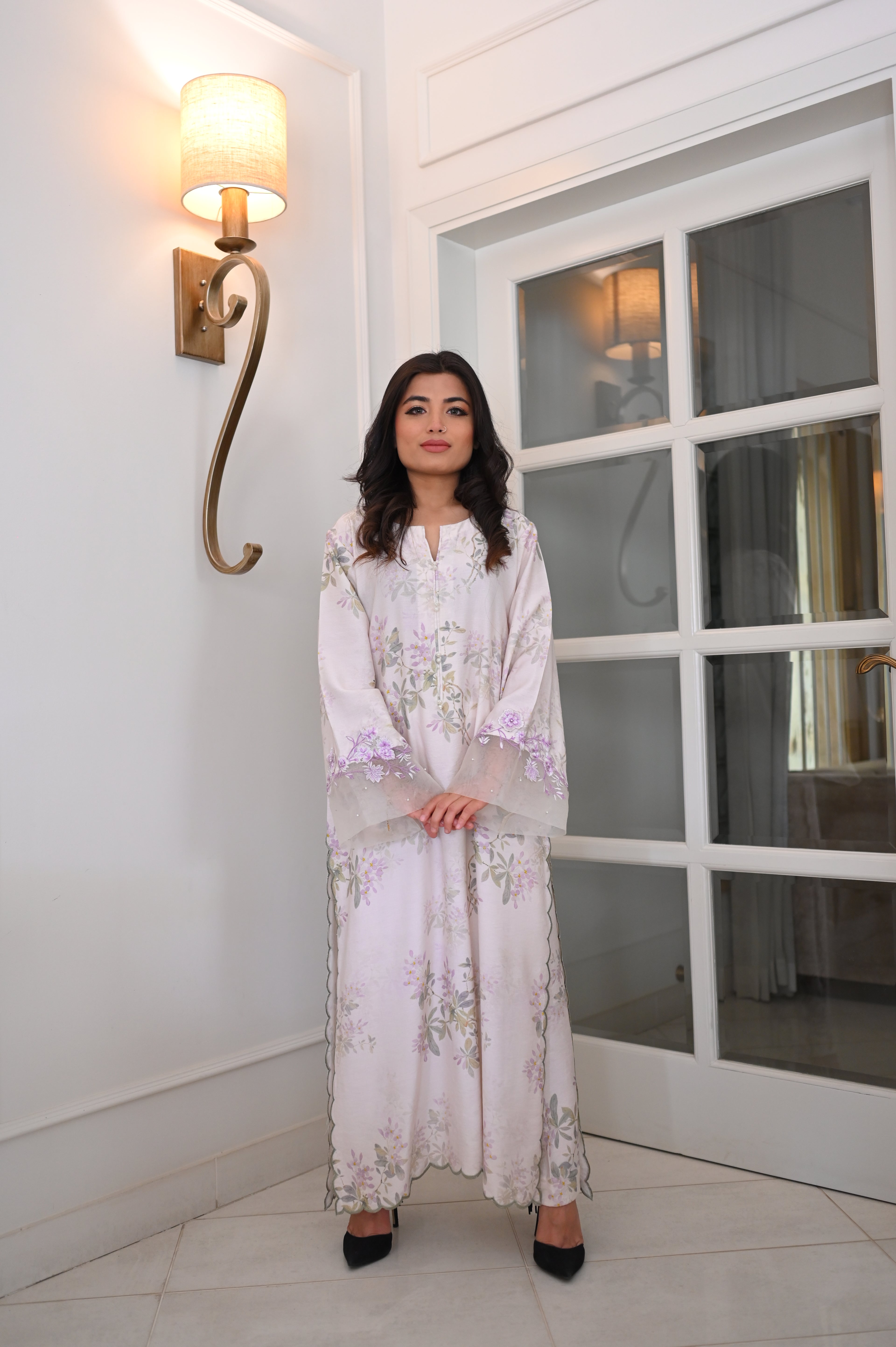 Pastel Floral Ivory Maxi Kaftan Abaya | Embroidered Bell Sleeves, Scalloped Hem, Sheer Accents | Pakistani Fusion Modest Dress 2026