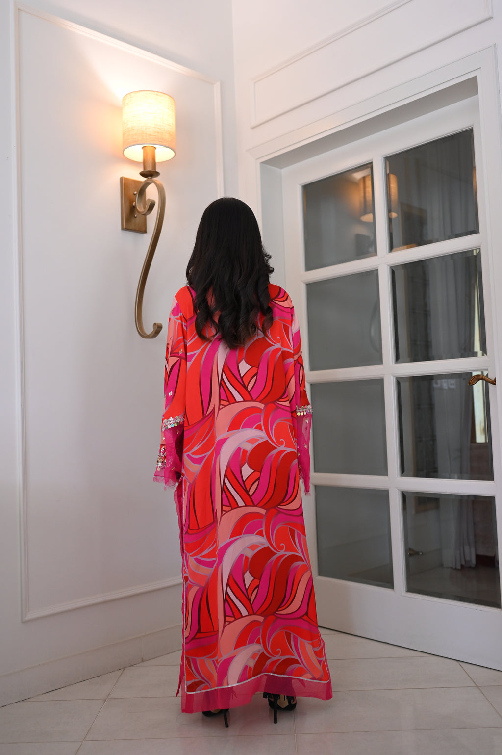 Vibrant Pink-Red Abstract Swirl Maxi Kaftan Dress | Sequin Bell Sleeves, Fringe Hem, Sheer Accents | Bold Pakistani Fusion Evening Abaya Gown