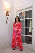 Vibrant Pink-Red Abstract Swirl Maxi Kaftan Dress | Sequin Bell Sleeves, Fringe Hem, Sheer Accents | Bold Pakistani Fusion Evening Abaya Gown