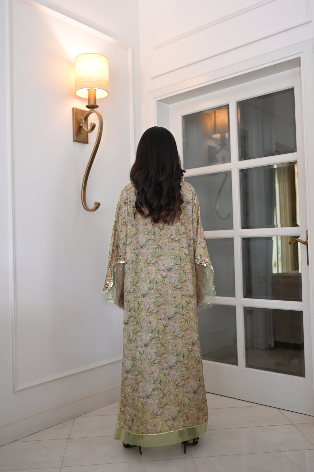 Pastel Green Floral Bird Print Kaftan | Sequin Embellished Bell Sleeves | Elegant Party Wear Kurti