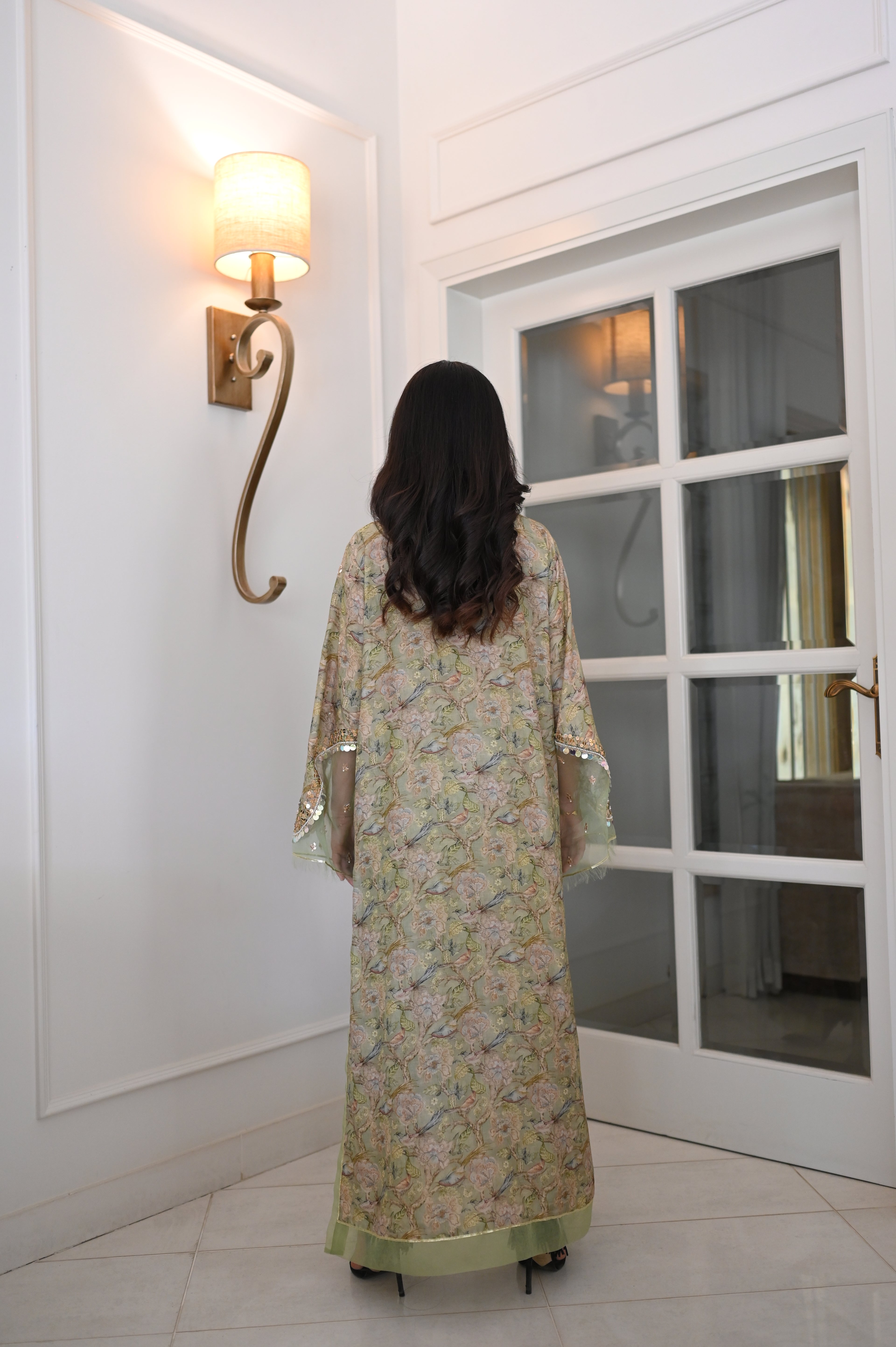 Pastel Green Floral Bird Print Kaftan | Sequin Embellished Bell Sleeves | Elegant Party Wear Kurti