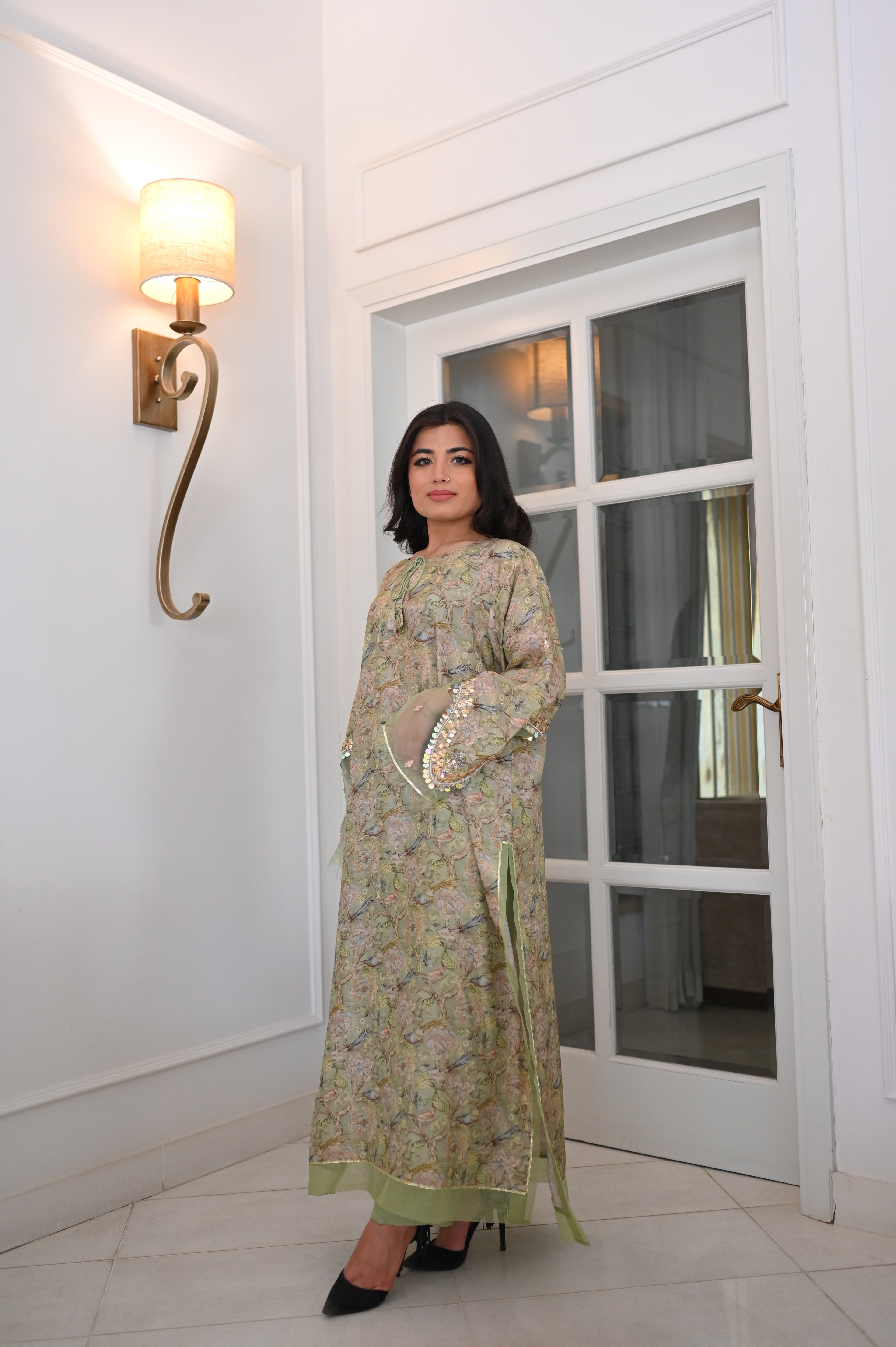 Pastel Green Floral Bird Print Kaftan | Sequin Embellished Bell Sleeves | Elegant Party Wear Kurti