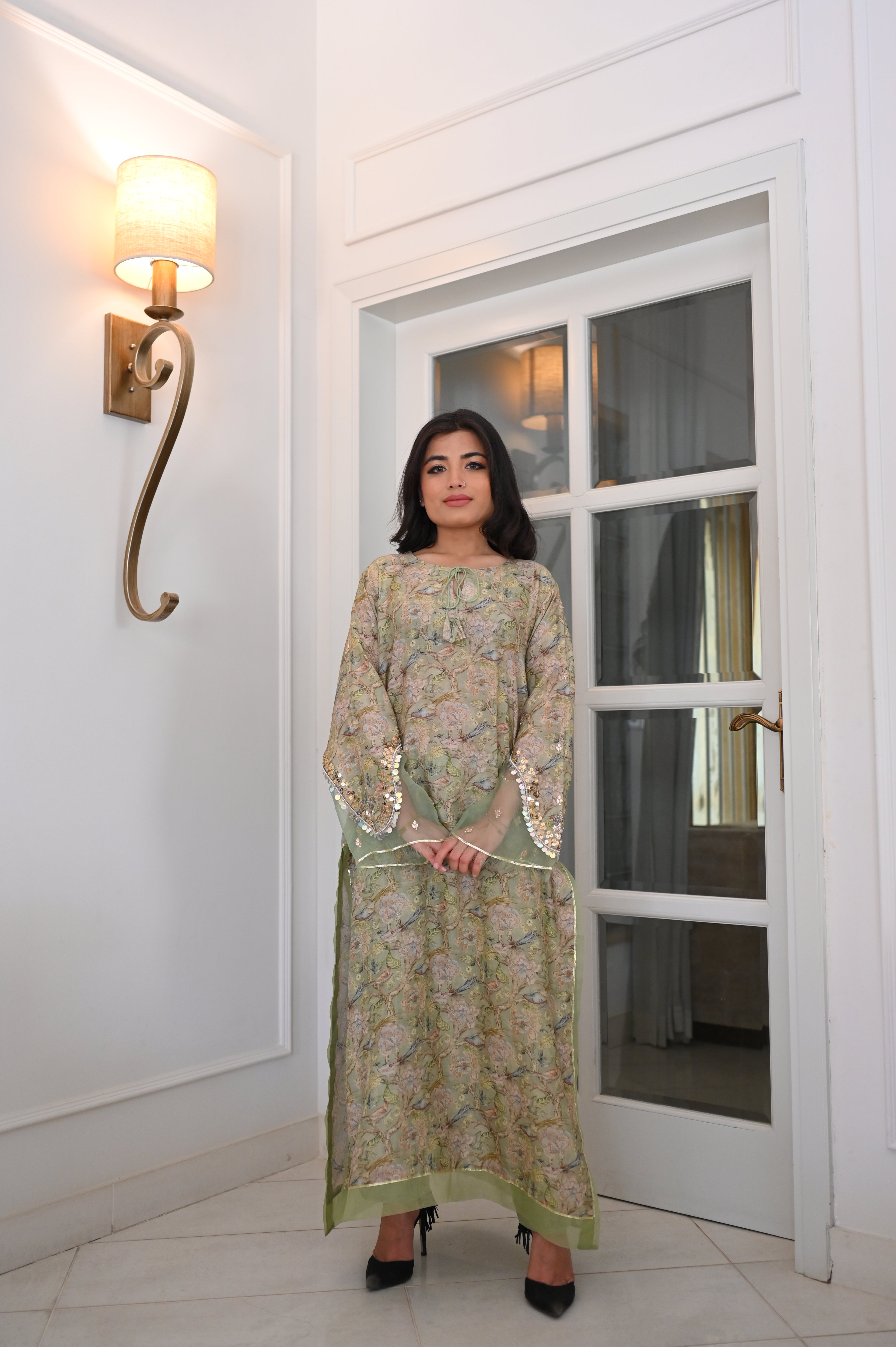 Pastel Green Floral Bird Print Kaftan | Sequin Embellished Bell Sleeves | Elegant Party Wear Kurti