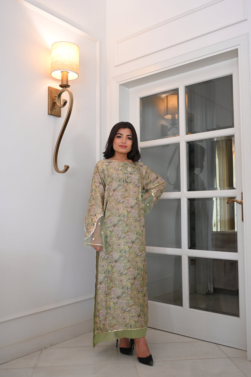 Pastel Green Floral Bird Print Kaftan | Sequin Embellished Bell Sleeves | Elegant Party Wear Kurti