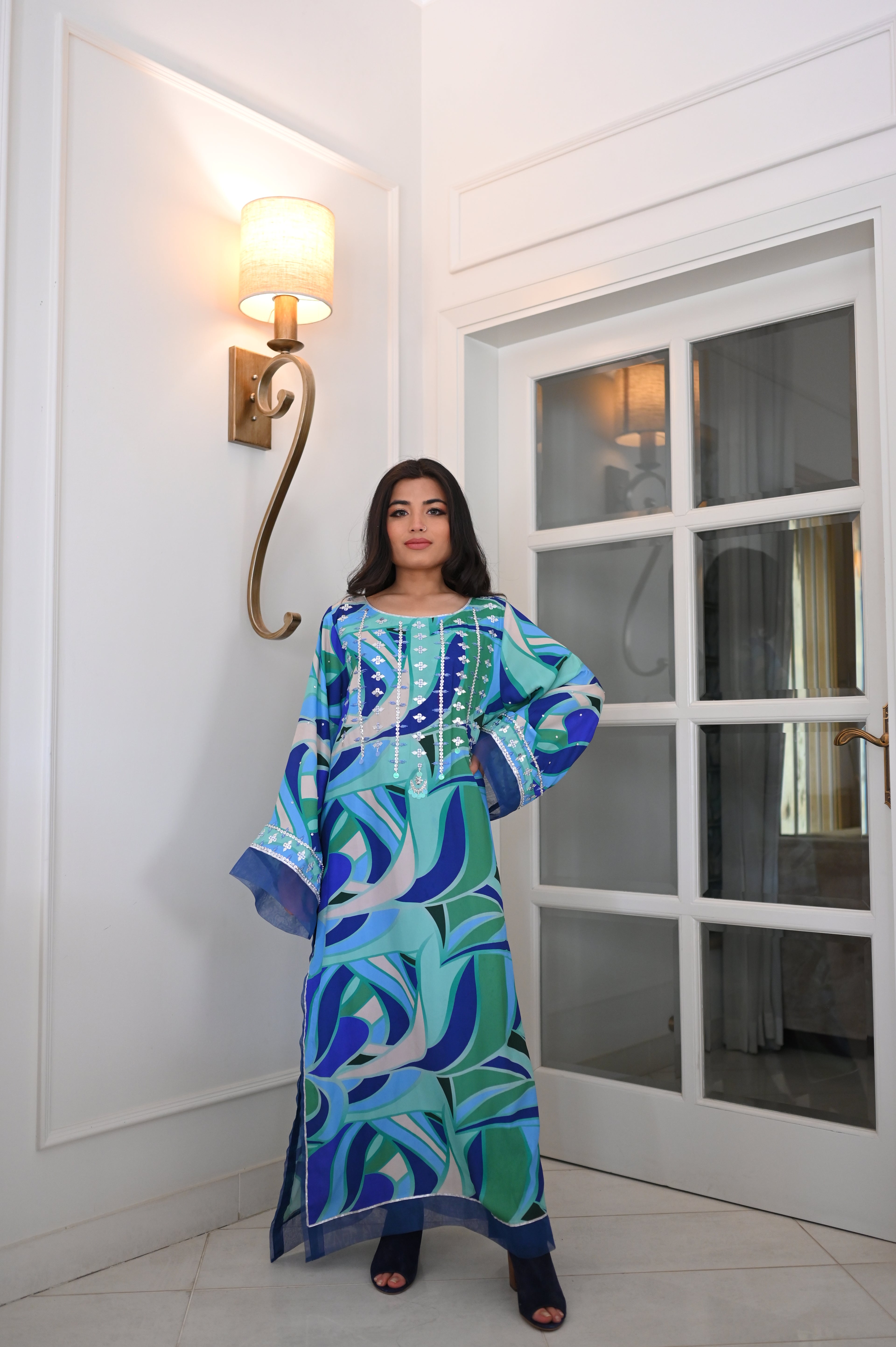 Vibrant Blue & Green Abstract Print Kaftan | Silver Sequins & Beadwork | Festive Party Wear Kurti