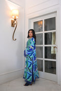 Vibrant Blue & Green Abstract Print Kaftan | Silver Sequins & Beadwork | Festive Party Wear Kurti