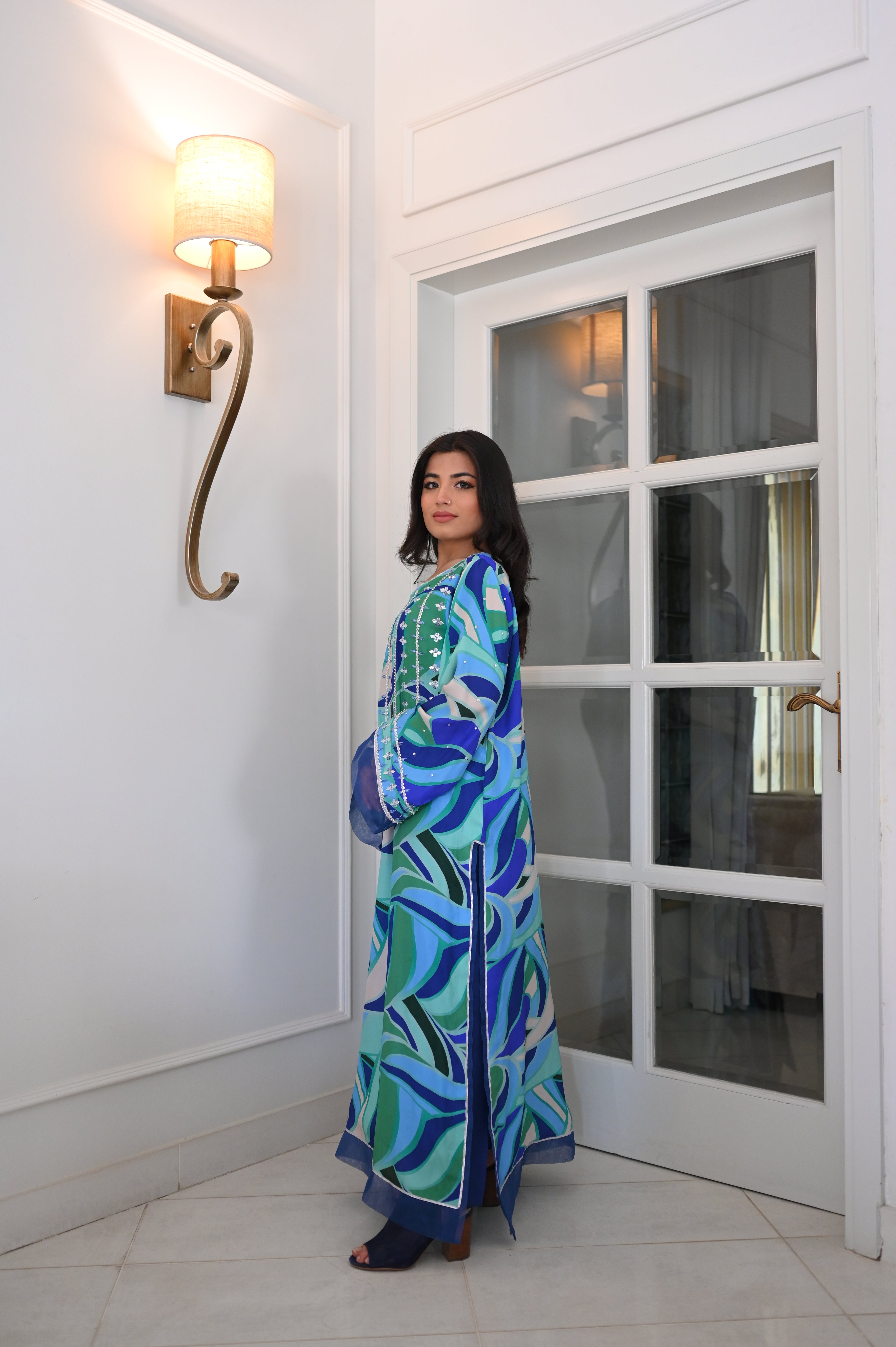 Vibrant Blue & Green Abstract Print Kaftan | Silver Sequins & Beadwork | Festive Party Wear Kurti
