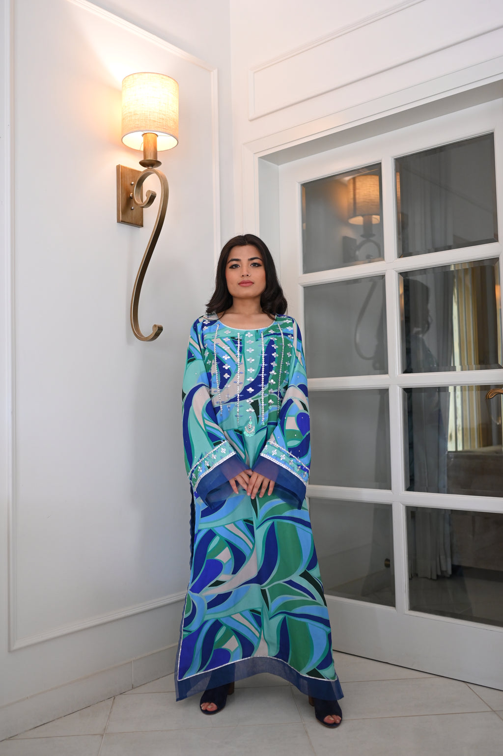 Vibrant Blue & Green Abstract Print Kaftan | Silver Sequins & Beadwork | Festive Party Wear Kurti