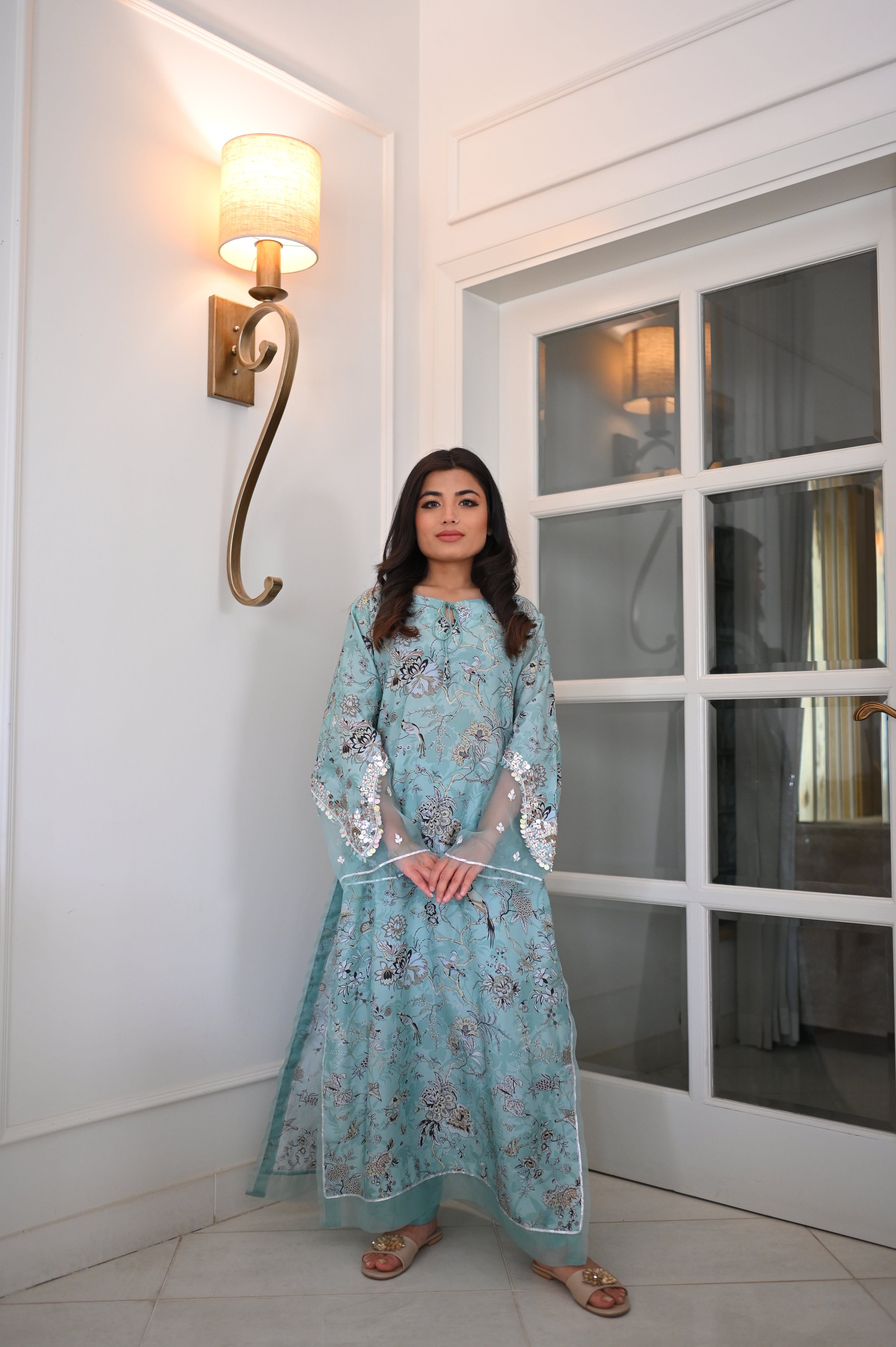 Elegant Sky Blue Floral Bird Print Kaftan | Heavy Silver Sequin Bell Sleeves | Festive Party Wear