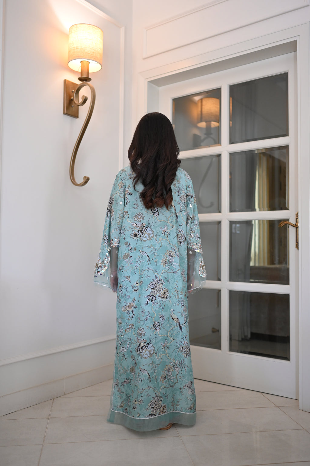 Elegant Sky Blue Floral Bird Print Kaftan | Heavy Silver Sequin Bell Sleeves | Festive Party Wear