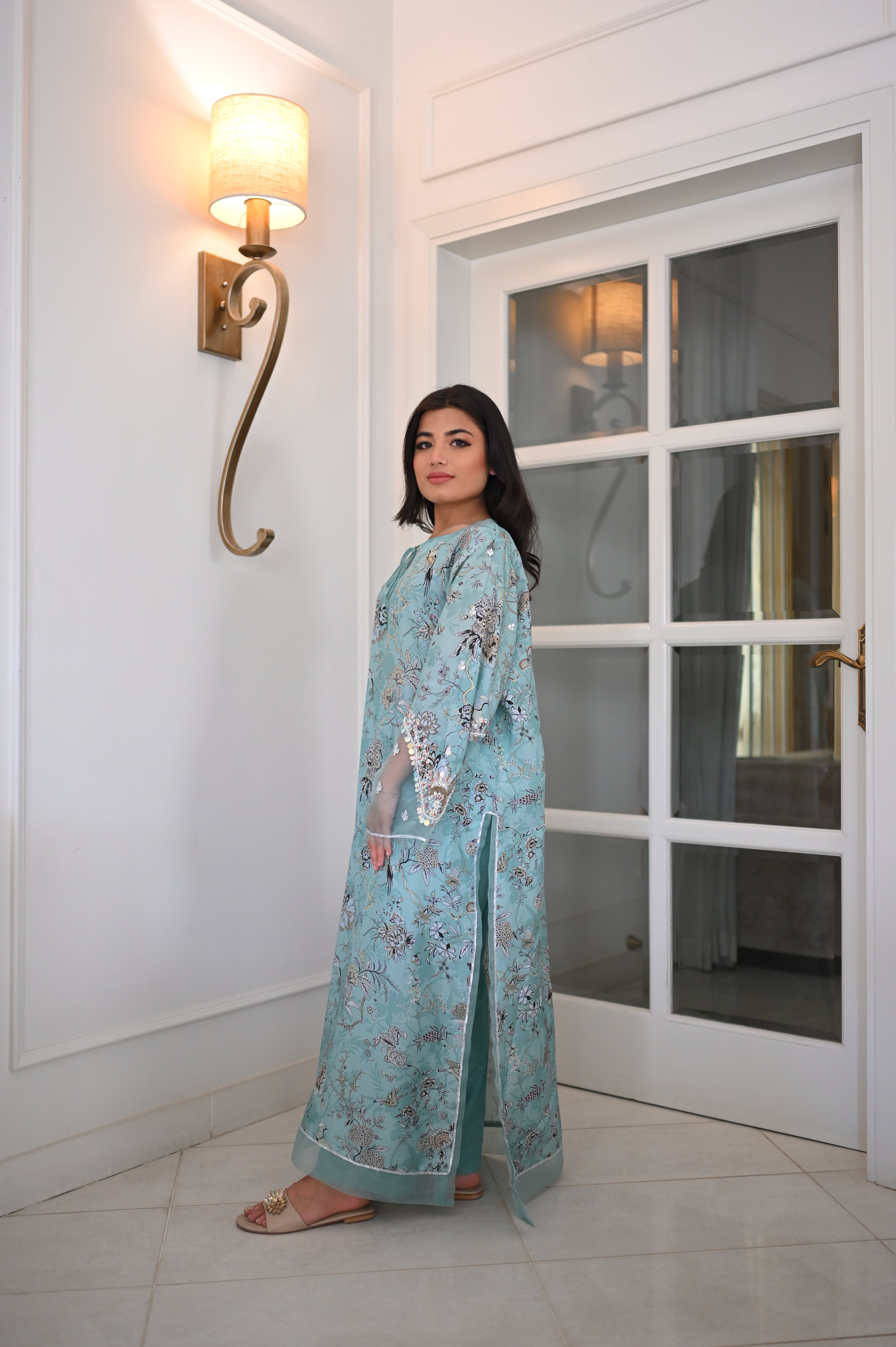 Elegant Sky Blue Floral Bird Print Kaftan | Heavy Silver Sequin Bell Sleeves | Festive Party Wear
