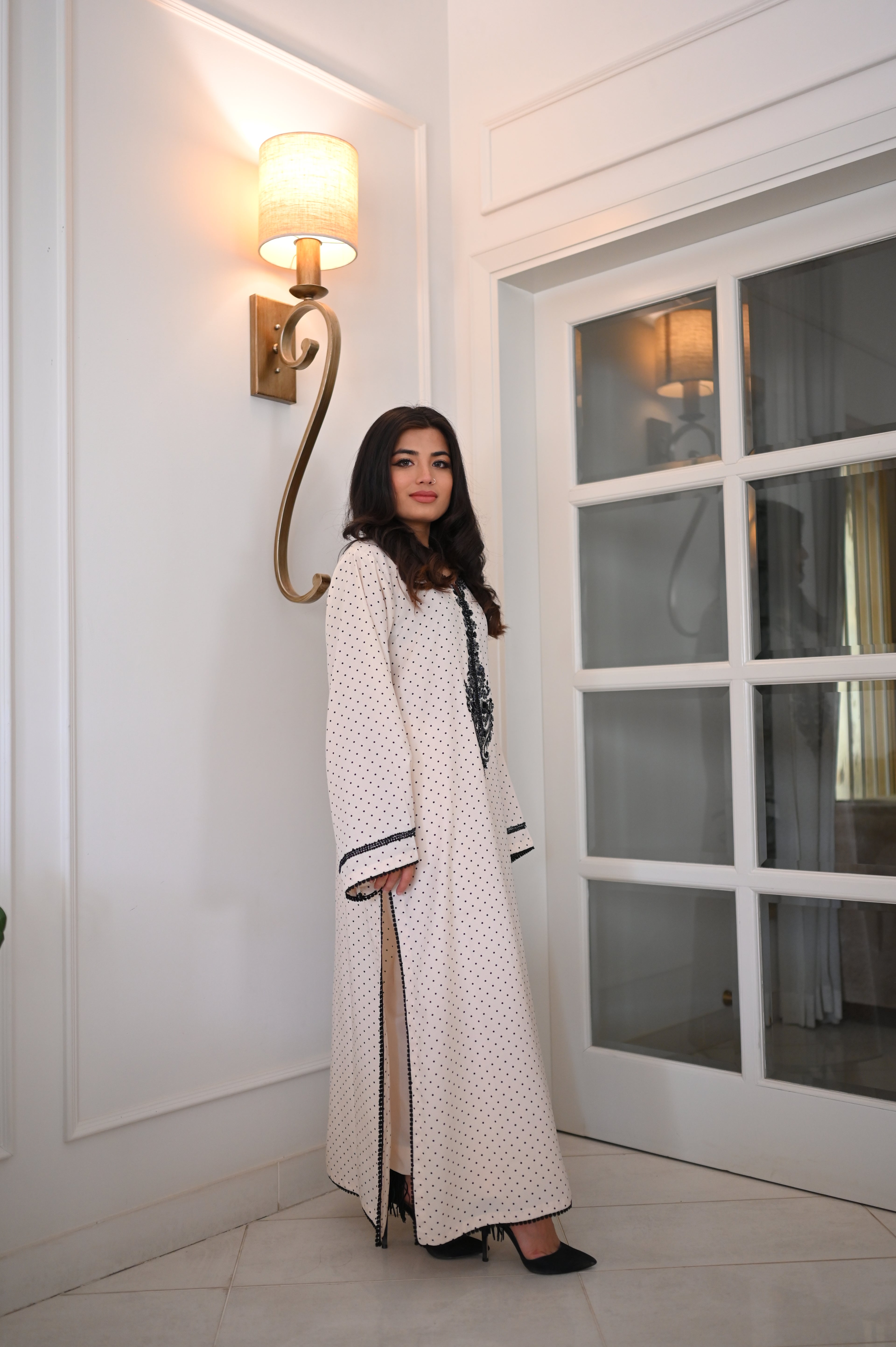 Classic White Polka Dot Kaftan with Black Embroidery | Black Sequin Detail | Timeless Festive Wear