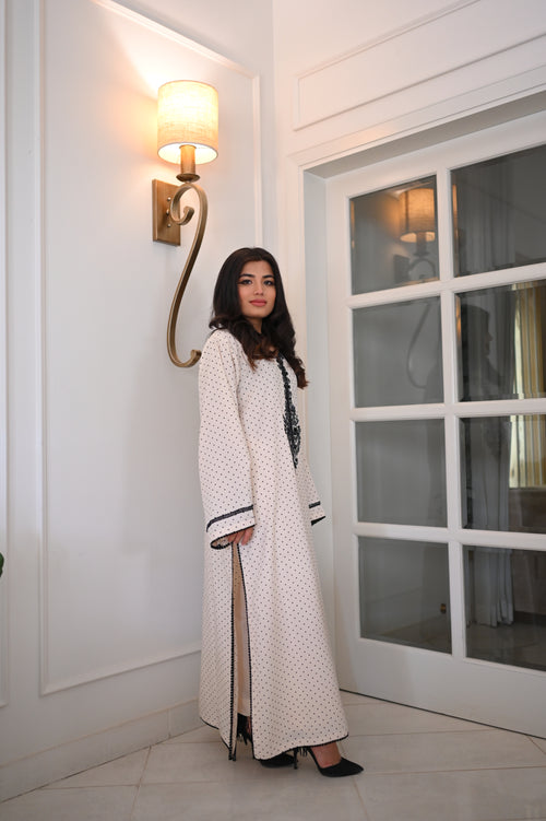 Classic White Polka Dot Kaftan with Black Embroidery | Black Sequin Detail | Timeless Festive Wear