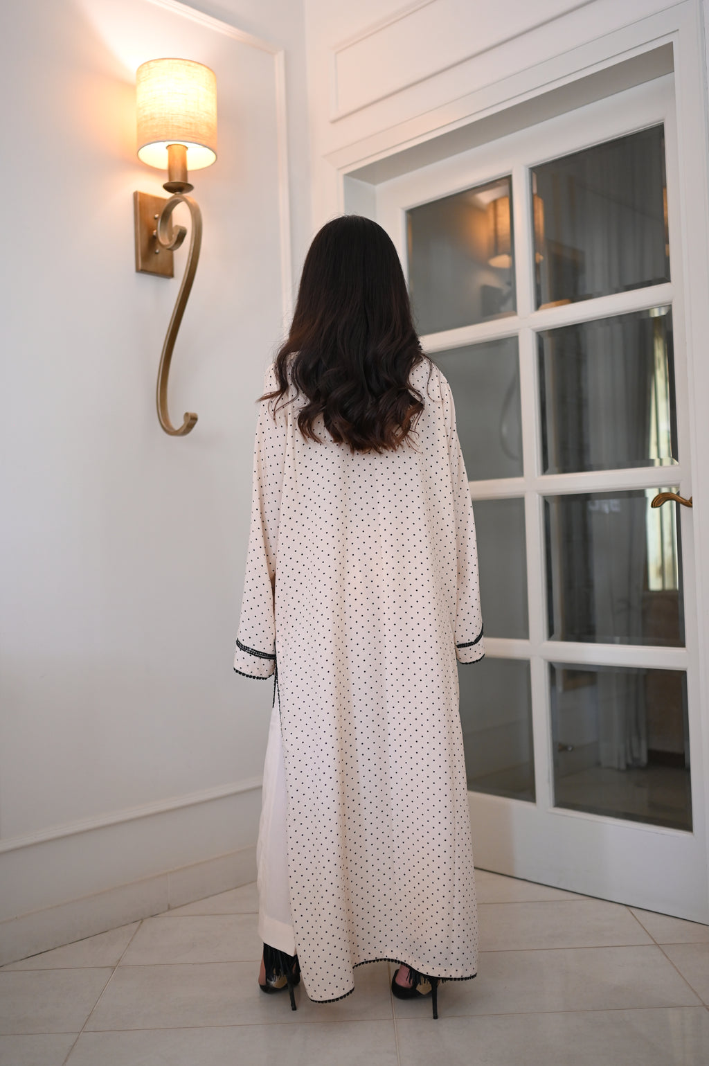 Classic White Polka Dot Kaftan with Black Embroidery | Black Sequin Detail | Timeless Festive Wear