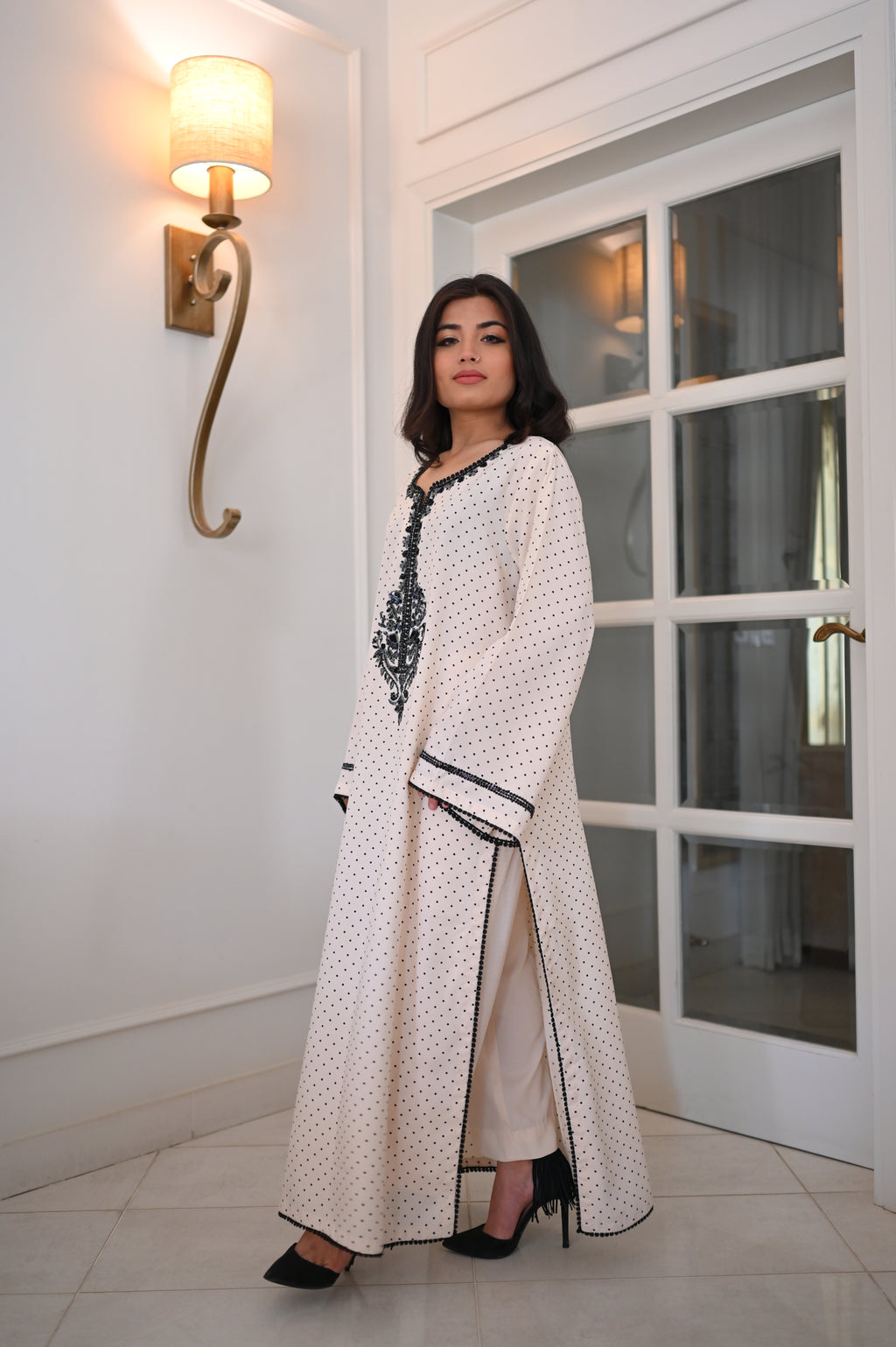 Classic White Polka Dot Kaftan with Black Embroidery | Black Sequin Detail | Timeless Festive Wear