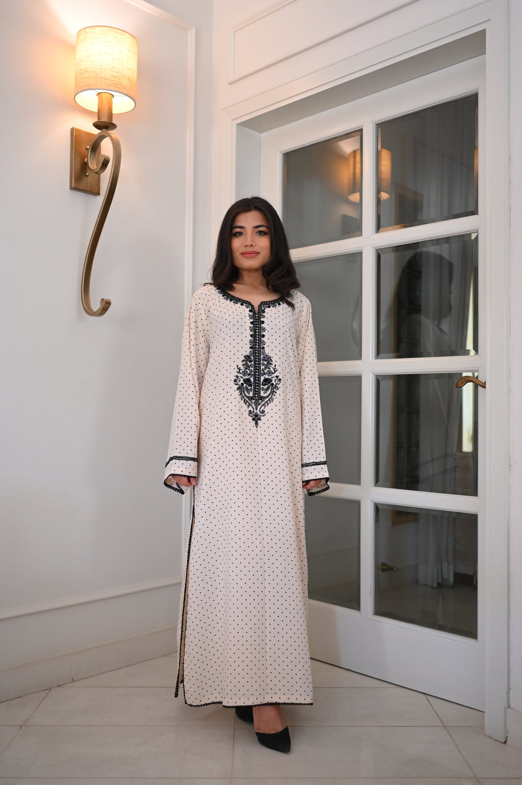 Classic White Polka Dot Kaftan with Black Embroidery | Black Sequin Detail | Timeless Festive Wear