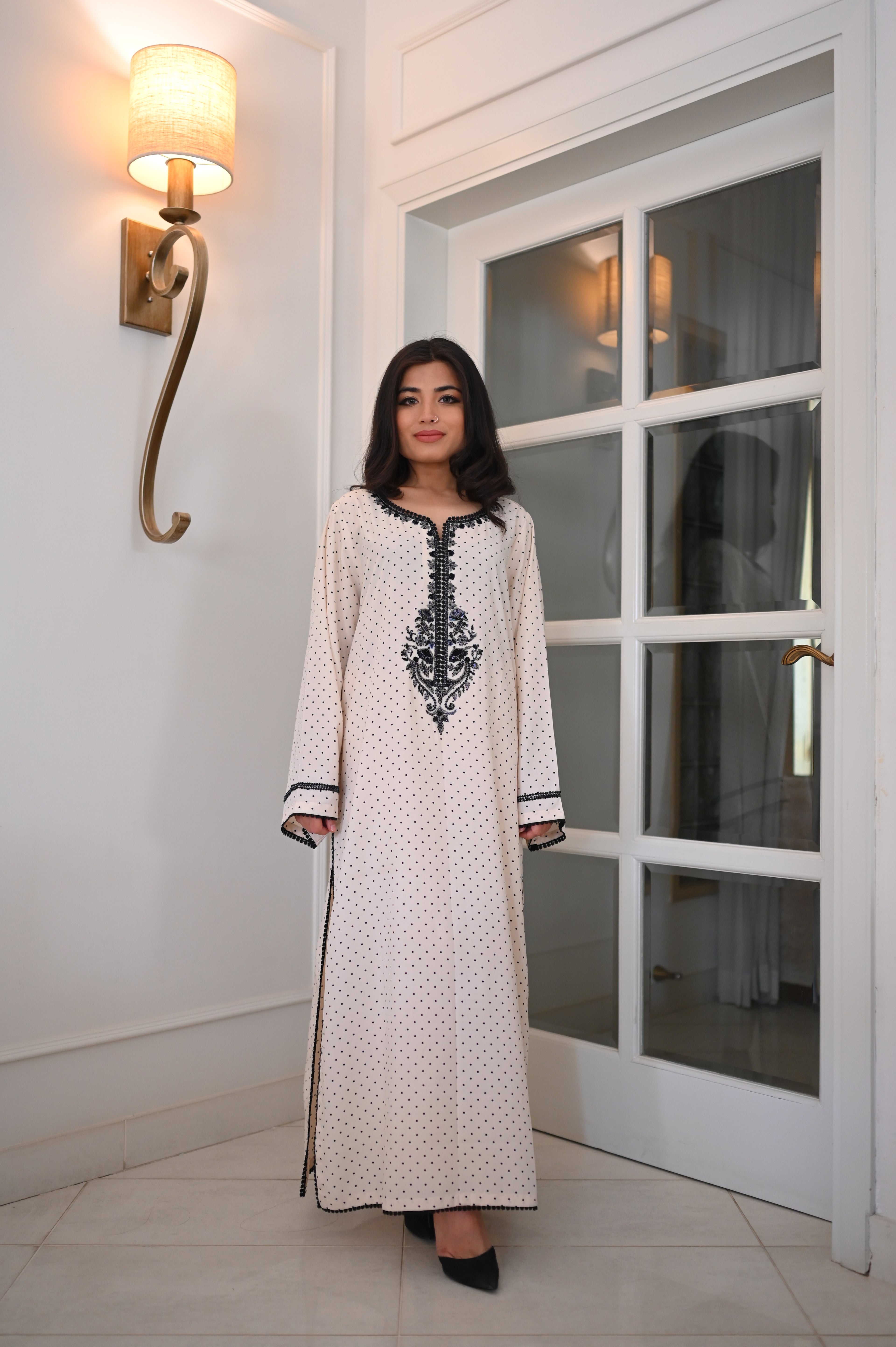 Classic White Polka Dot Kaftan with Black Embroidery | Black Sequin Detail | Timeless Festive Wear