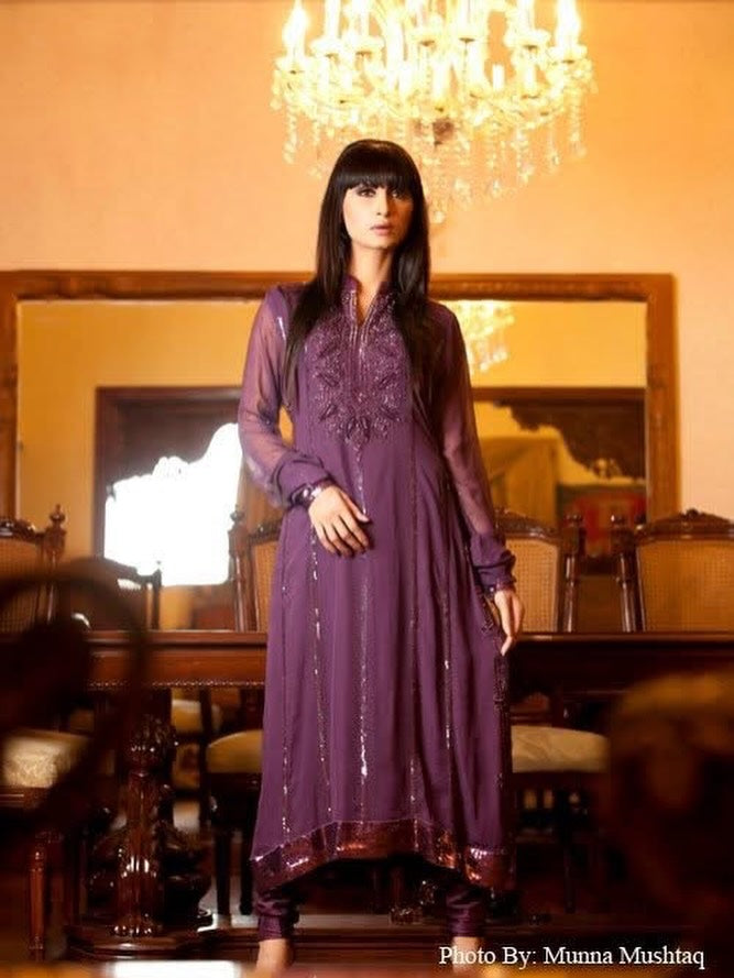 Deep Purple Embroidered Lawn Suit with Sequins – Royal Festive Glamour - XS
