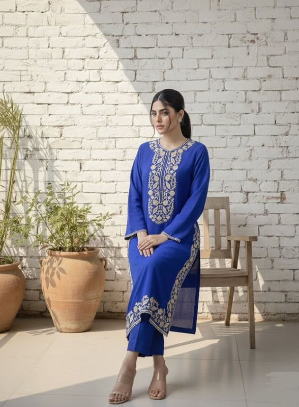 Royal Blue Embroidered Lawn Kurta Set – Timeless Elegance & Everyday Grace - XS