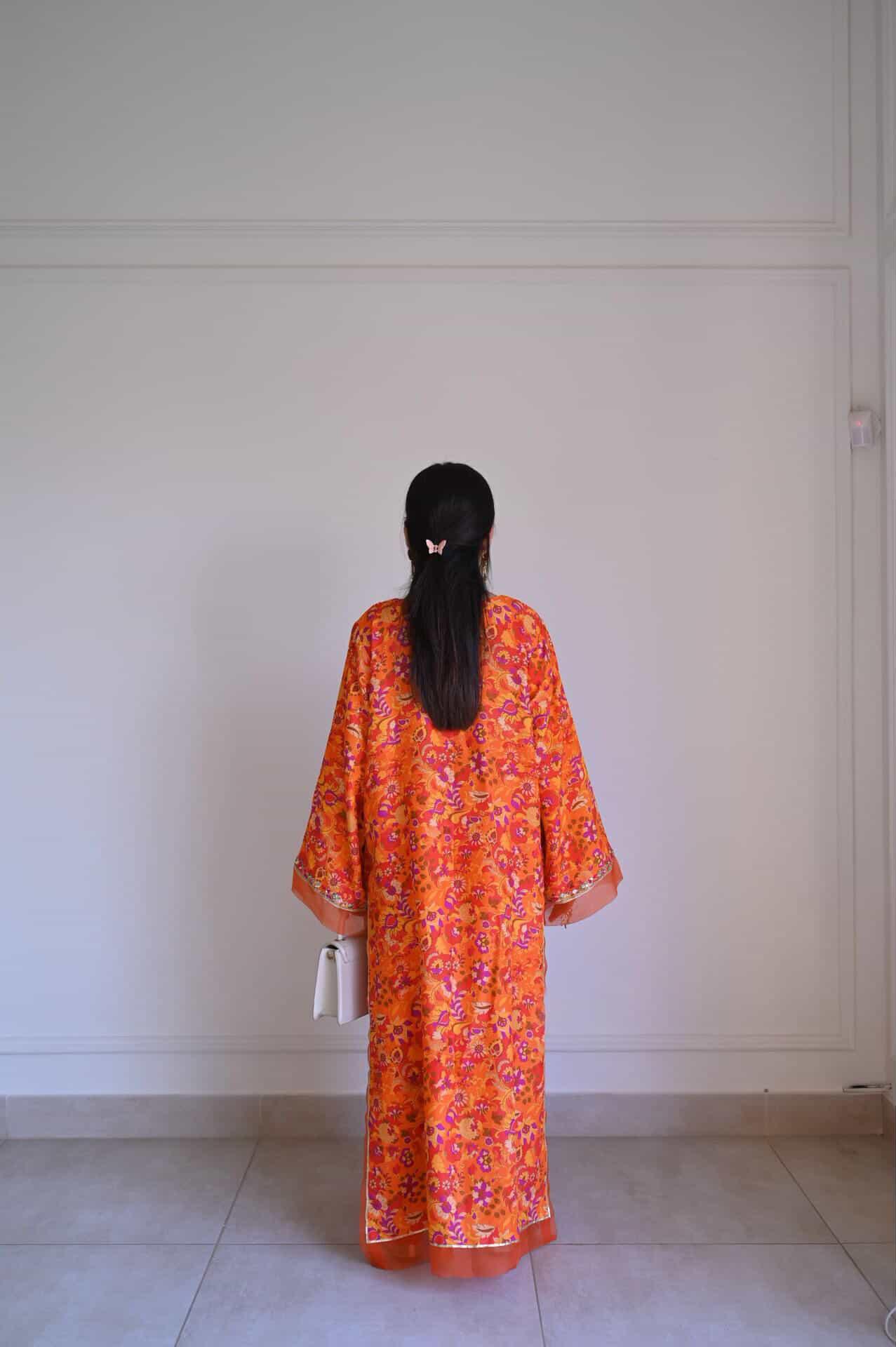 Burnt Orange Floral Garden Print Kaftan Kurta – Warm, Joyful & Golden-Hour Glamour