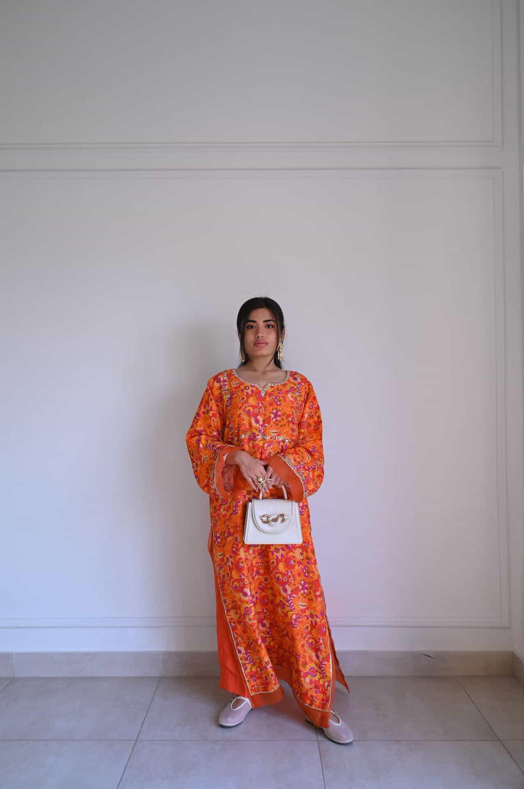 Burnt Orange Floral Garden Print Kaftan Kurta – Warm, Joyful & Golden-Hour Glamour