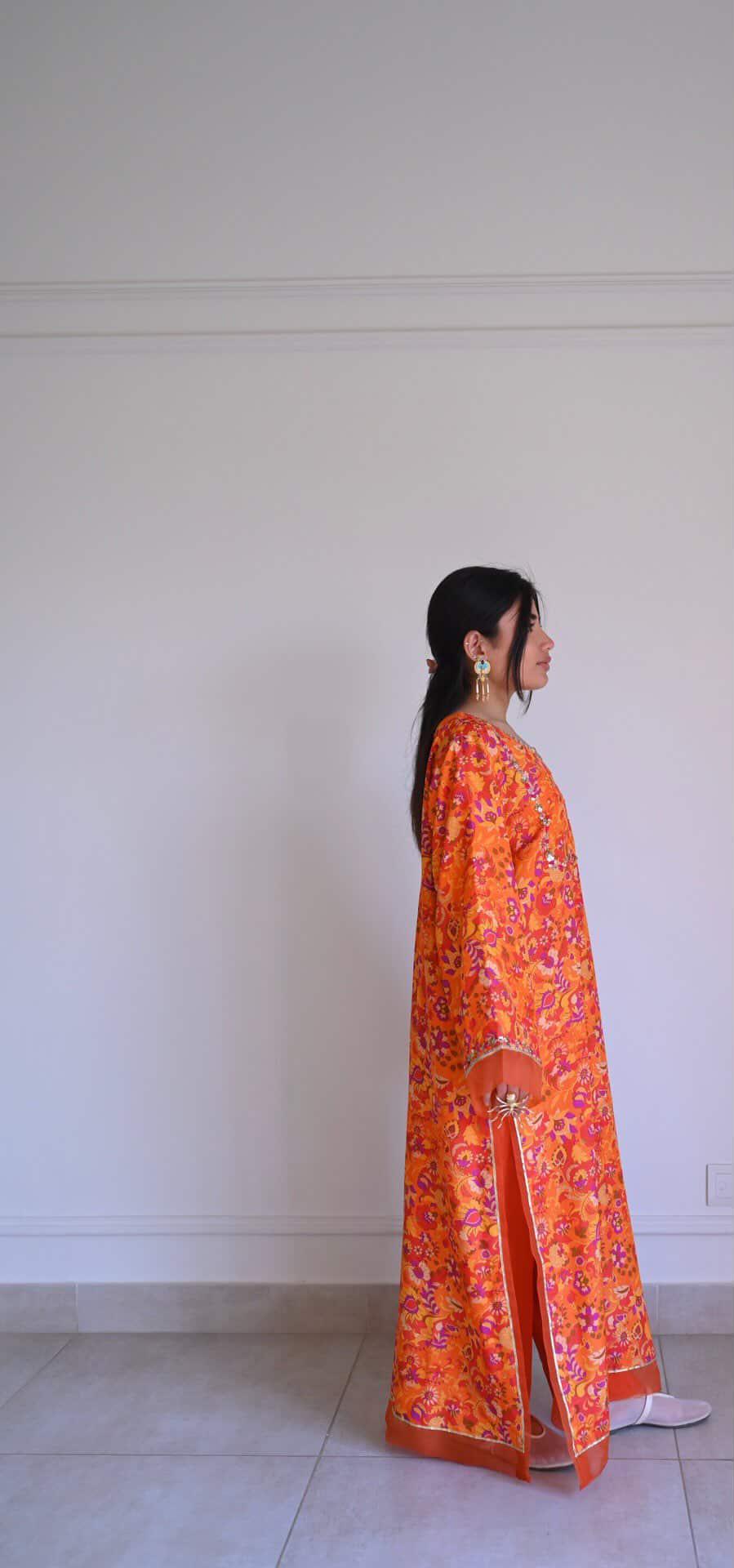 Burnt Orange Floral Garden Print Kaftan Kurta – Warm, Joyful & Golden-Hour Glamour
