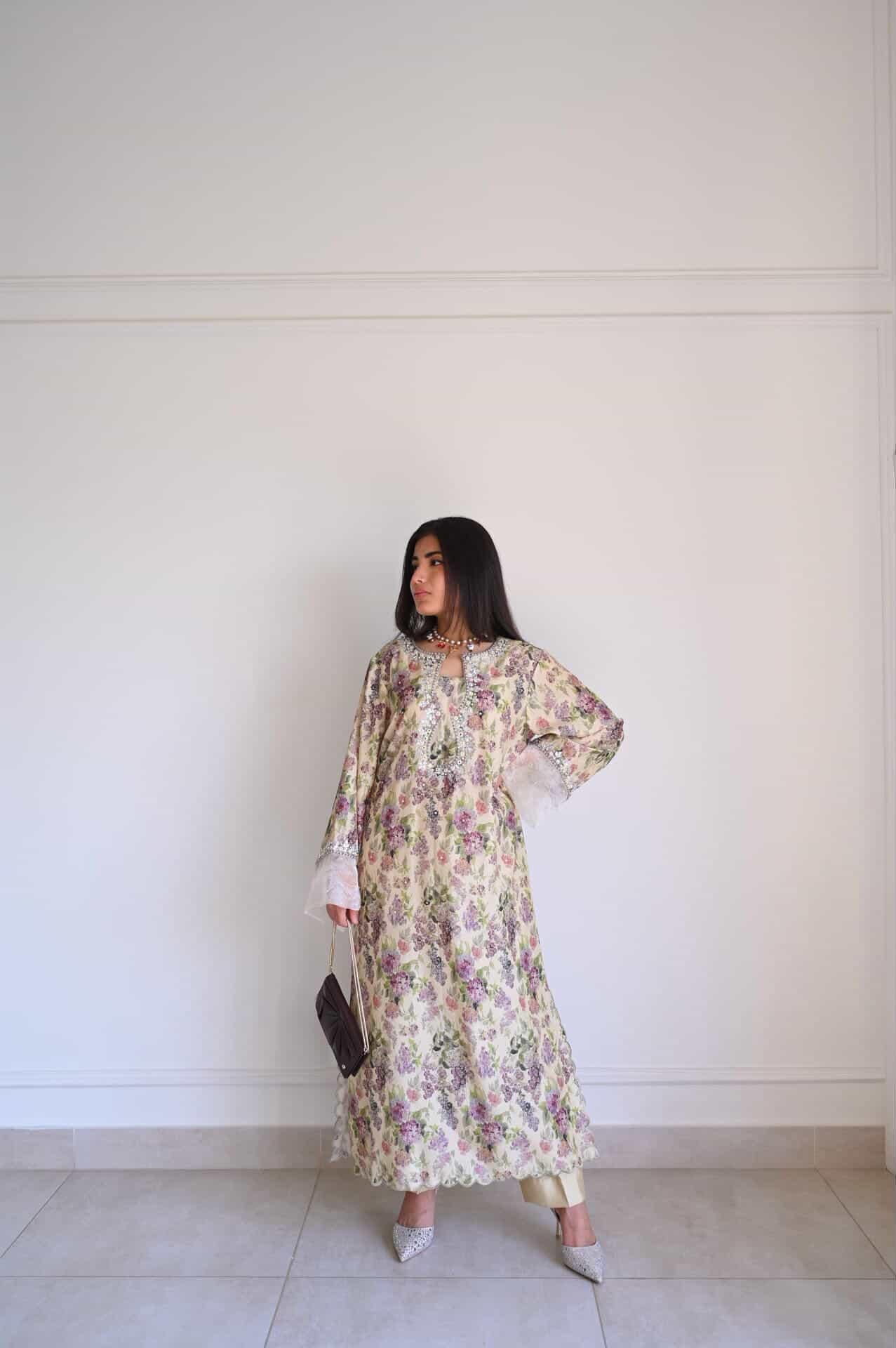 Ivory Floral Garden Print Kaftan Kurta with Heavy Pearl Yoke – Women's Romantic Festive Set