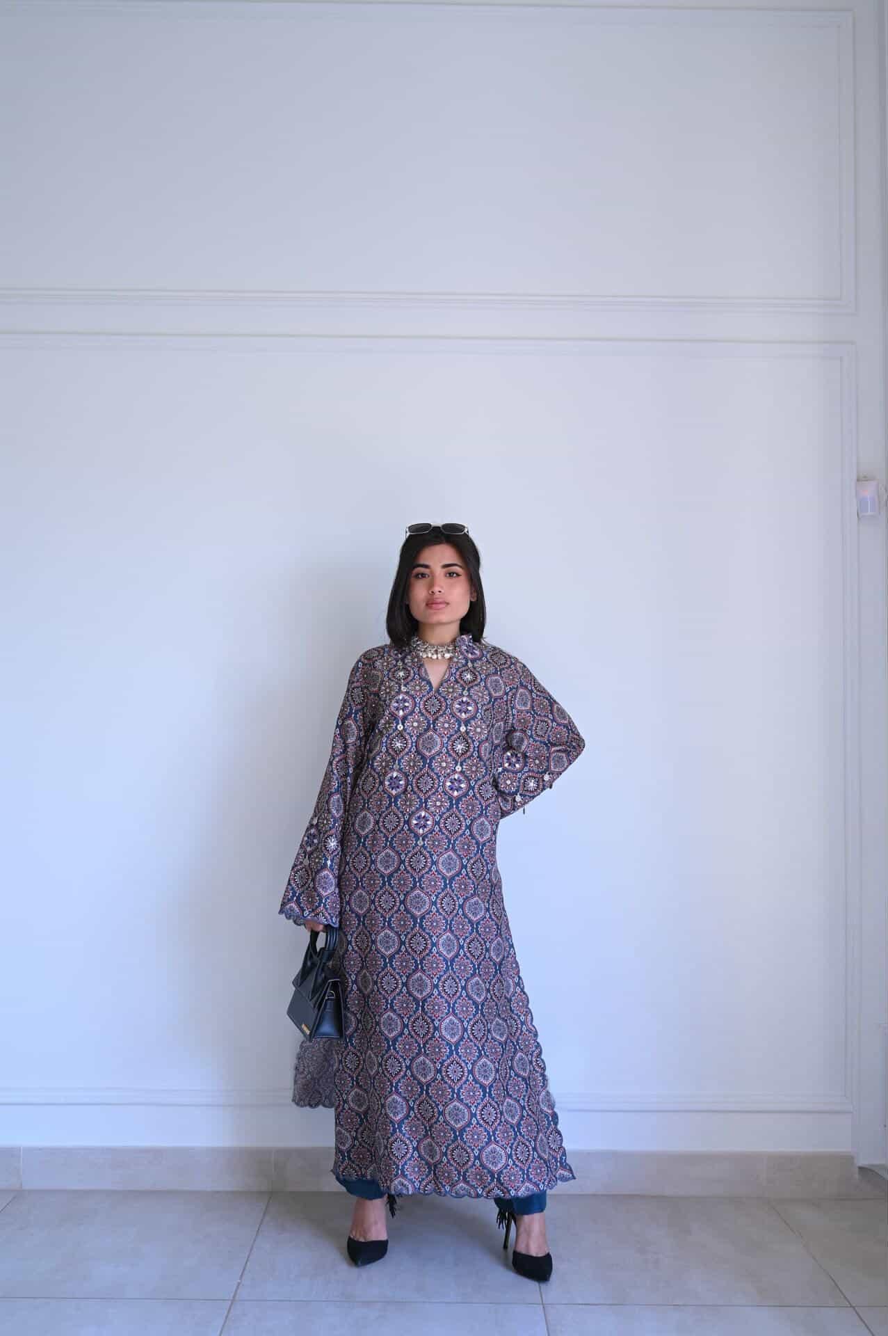 Navy Blue Ajrak-Inspired Printed Kaftan Kurta with Pearl & Gota Yoke – Women's Festive Set