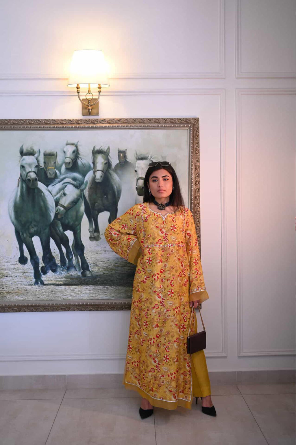Mustard Yellow Floral Printed Kaftan Kurta with Heavy Pearl & Gota Yoke – Women's Festive Set