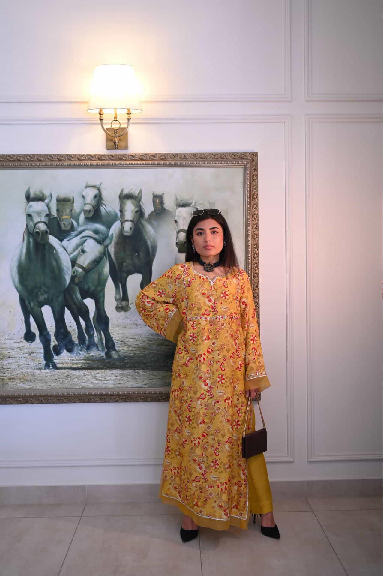 Mustard Yellow Floral Printed Kaftan Kurta with Heavy Pearl & Gota Yoke – Women's Festive Set