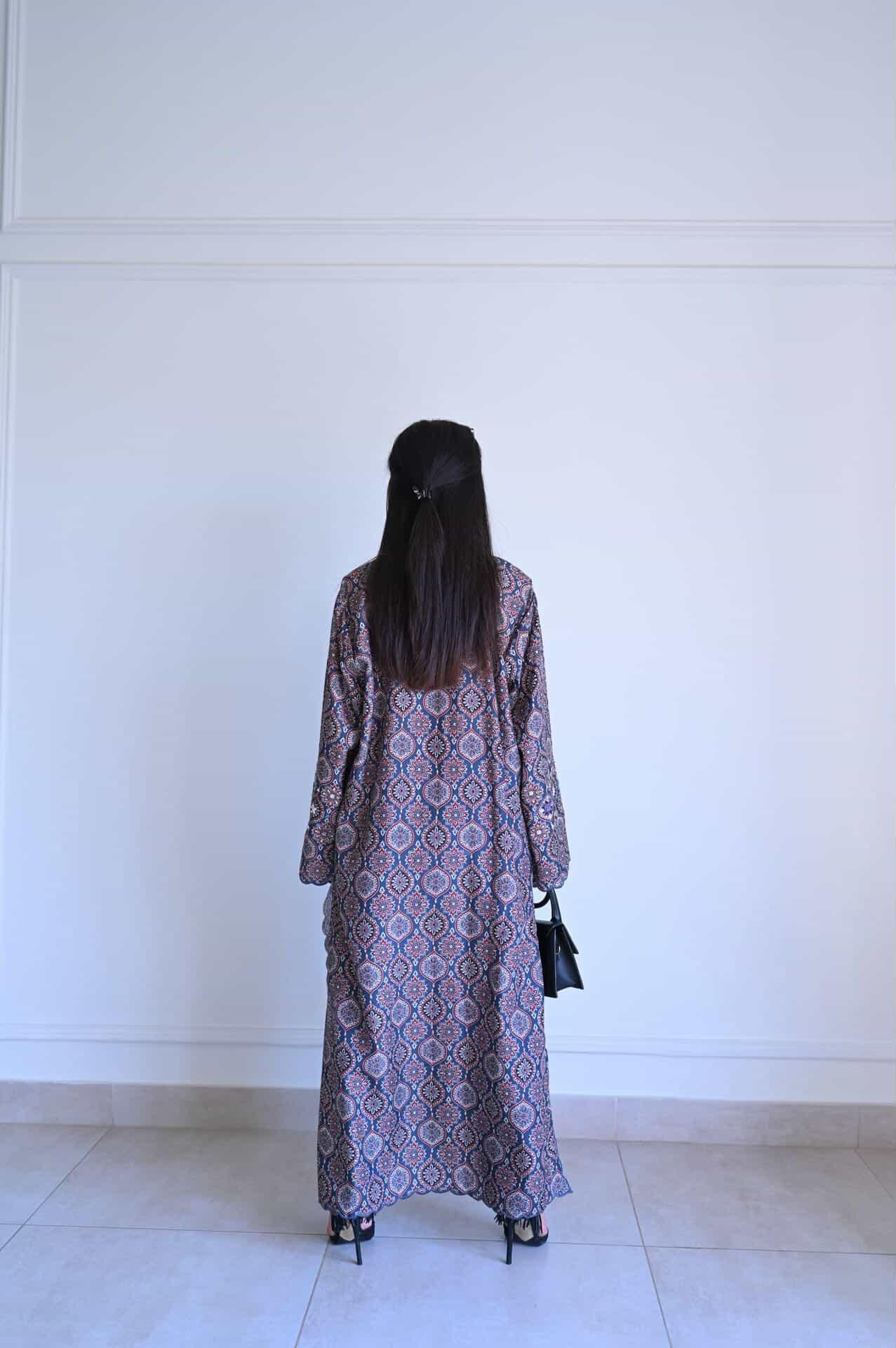 Navy Blue Ajrak-Inspired Printed Kaftan Kurta with Pearl & Gota Yoke – Women's Festive Set