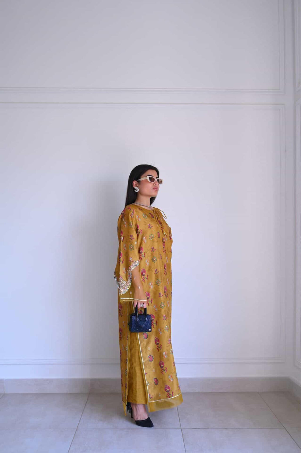 Mustard Yellow Floral Printed Kaftan Kurta with Pearl & Gota Embellishment – Women's Festive Set