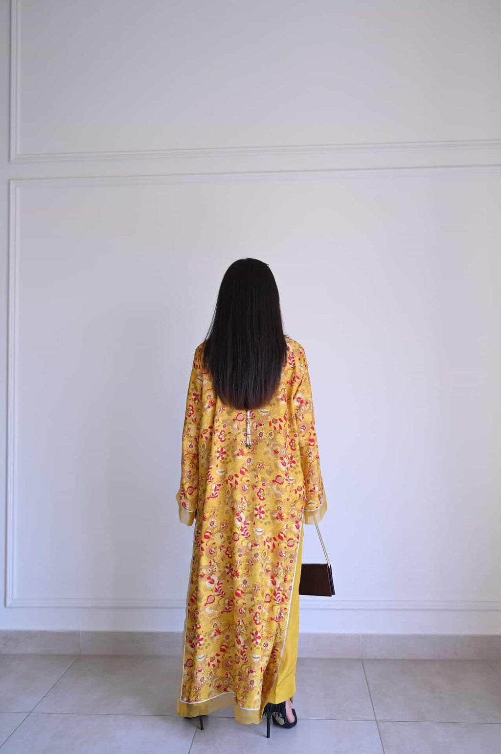 Mustard Yellow Floral Printed Kaftan Kurta with Heavy Pearl & Gota Yoke – Women's Festive Set