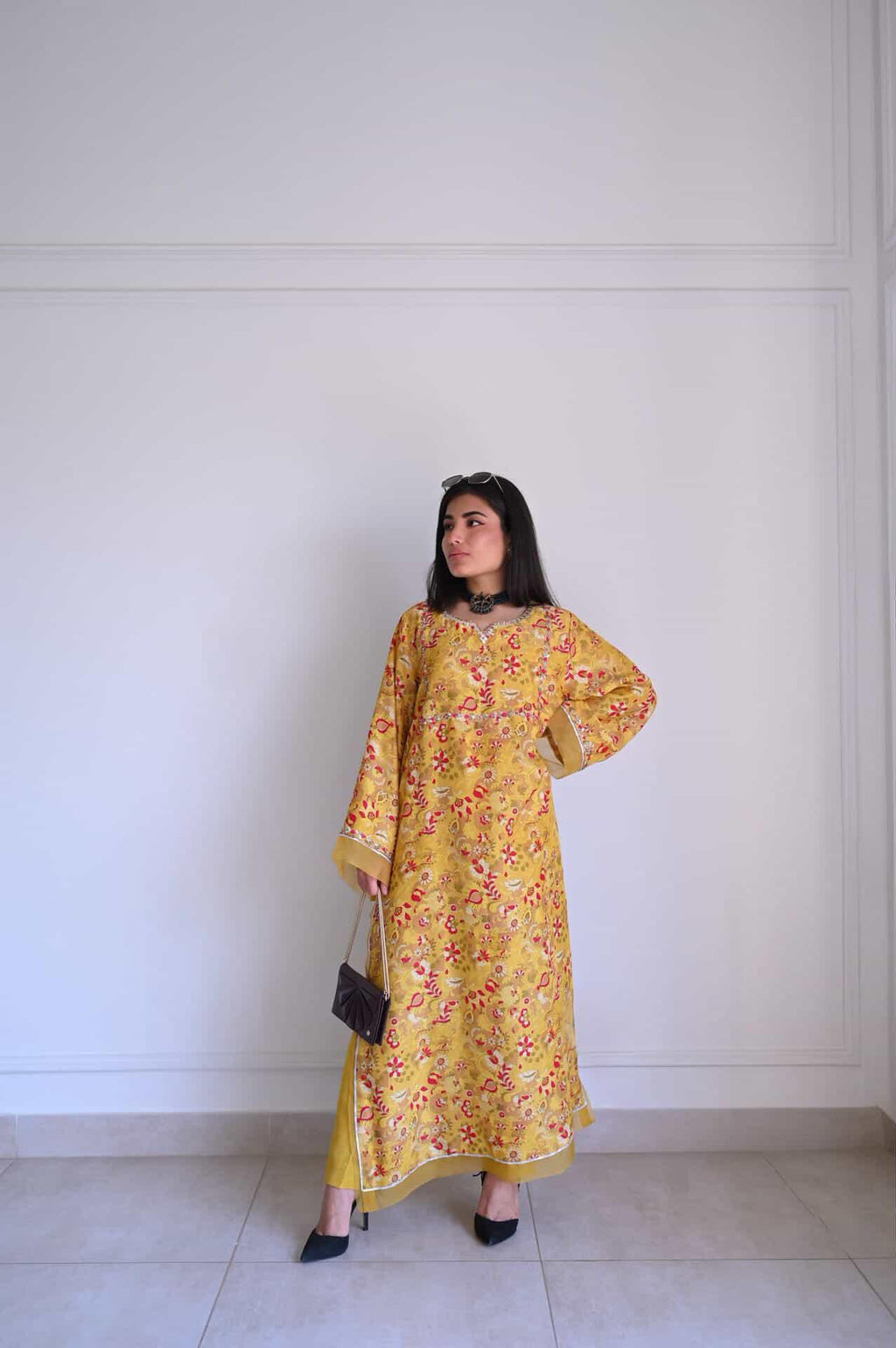 Mustard Yellow Floral Printed Kaftan Kurta with Heavy Pearl & Gota Yoke – Women's Festive Set