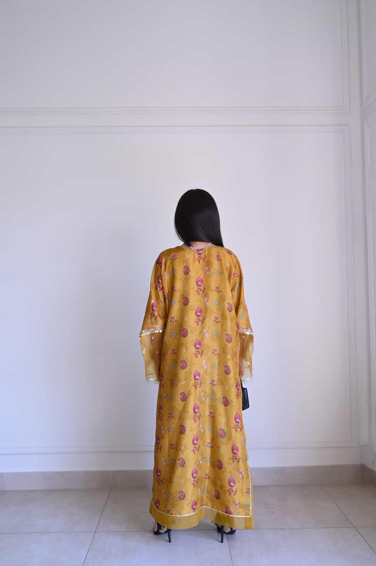 Mustard Yellow Floral Printed Kaftan Kurta with Pearl & Gota Embellishment – Women's Festive Set