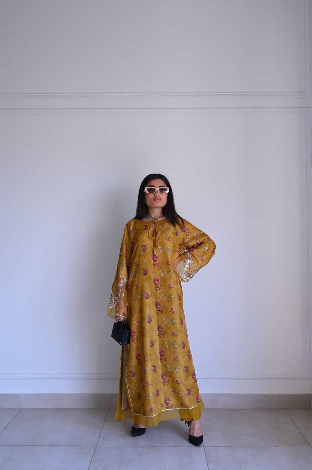 Mustard Yellow Floral Printed Kaftan Kurta with Pearl & Gota Embellishment – Women's Festive Set