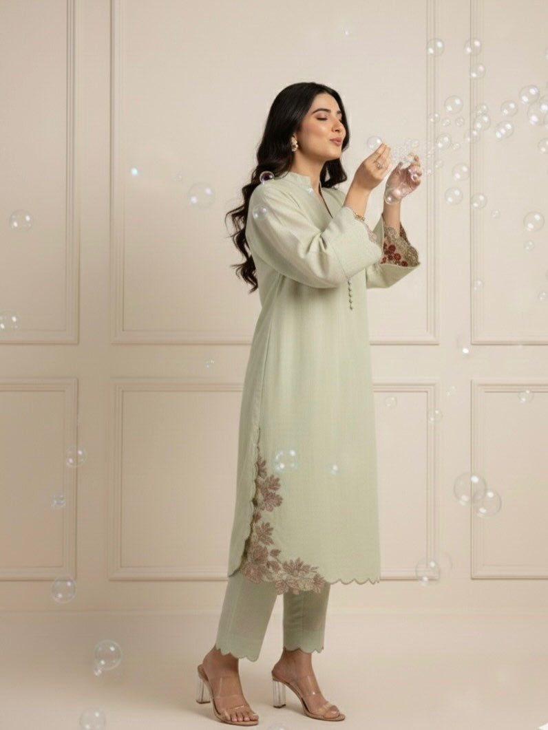 Mint Green Embroidered Lawn Suit with Scalloped Hem – Women's Festive Kurta Set