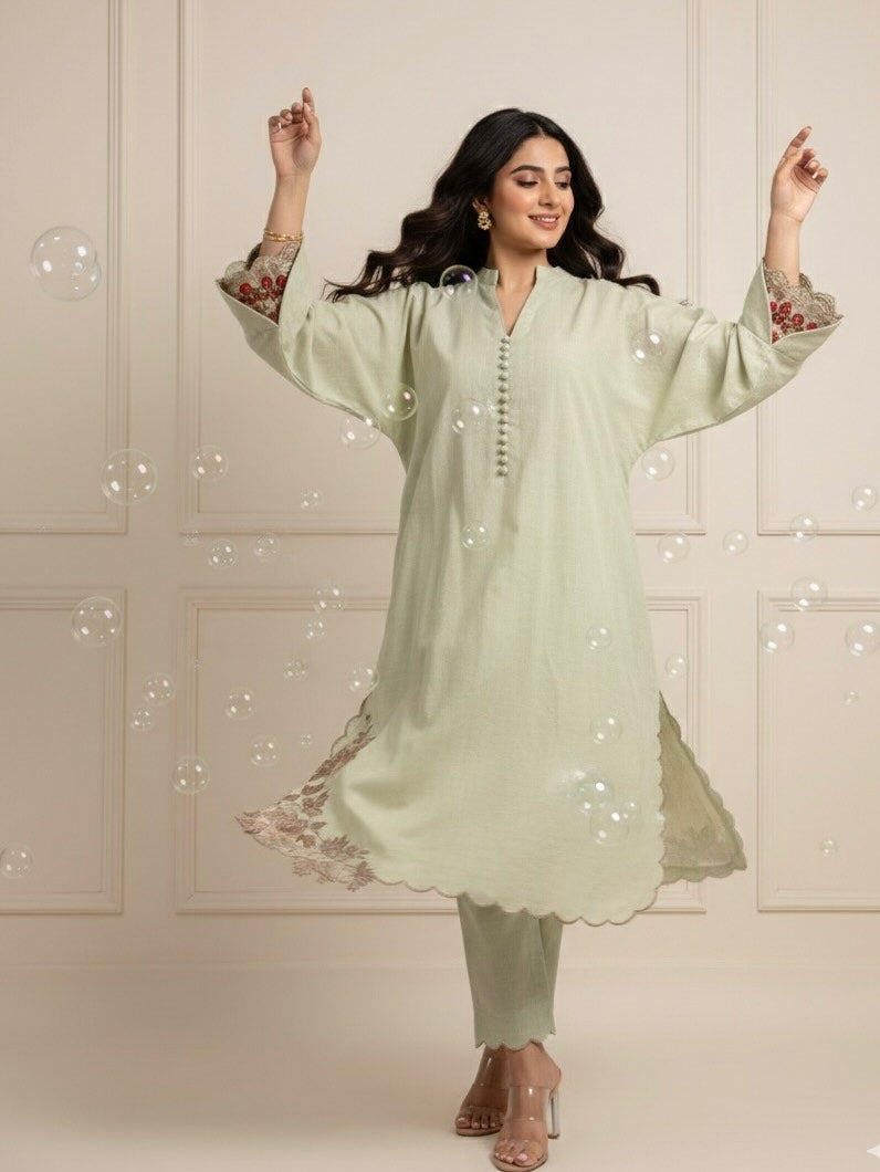 Mint Green Embroidered Lawn Suit with Scalloped Hem – Women's Festive Kurta Set