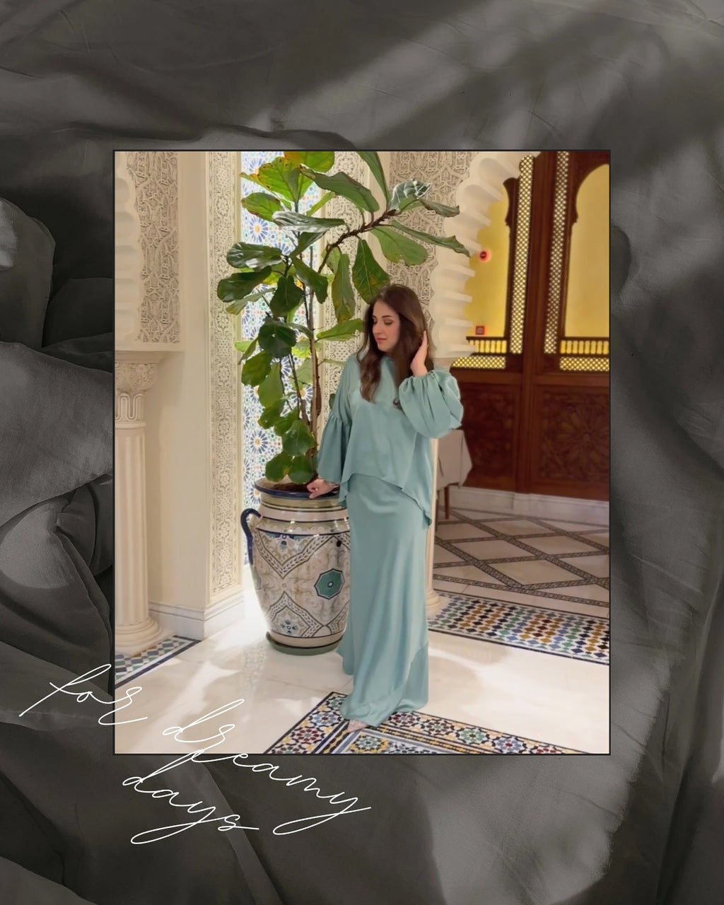Soft Mint Green Satin Maxi Kurta Set – Women's Luxury Evening Gown with Puff Sleeves